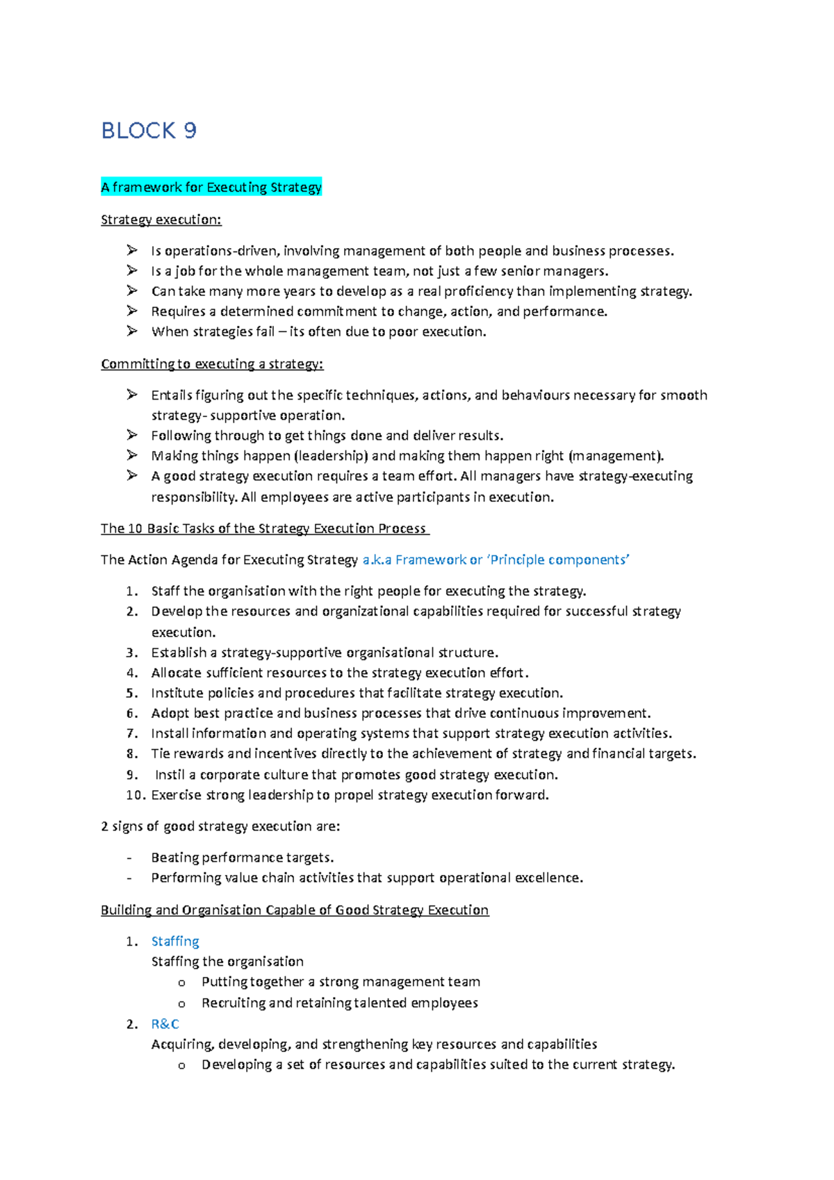 OBS 330 Block 9 - Strategy Execution Framework Lecture Notes - Studocu