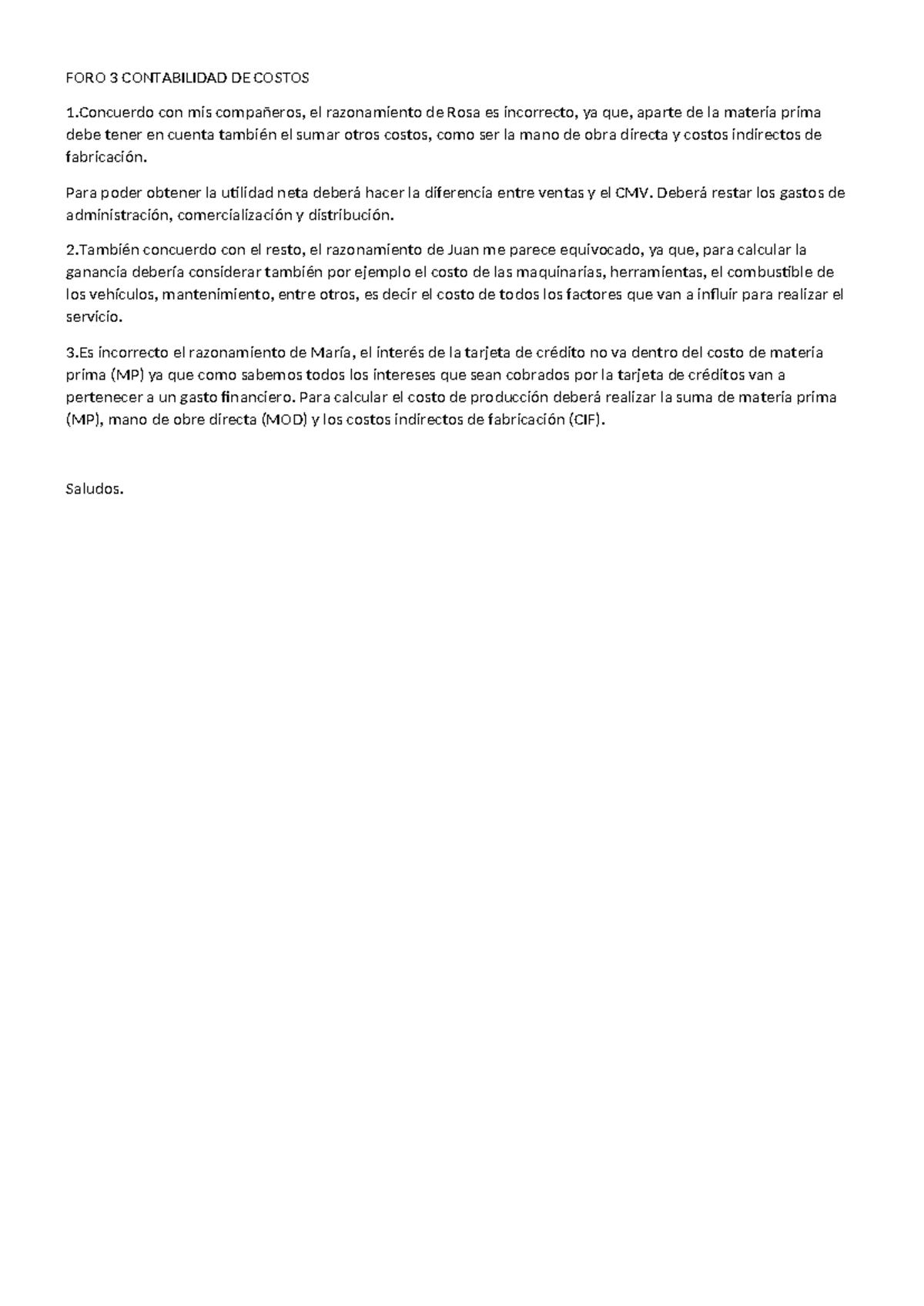 FORO 3: Análisis de Costos en Contabilidad de Costos 1 - Studocu