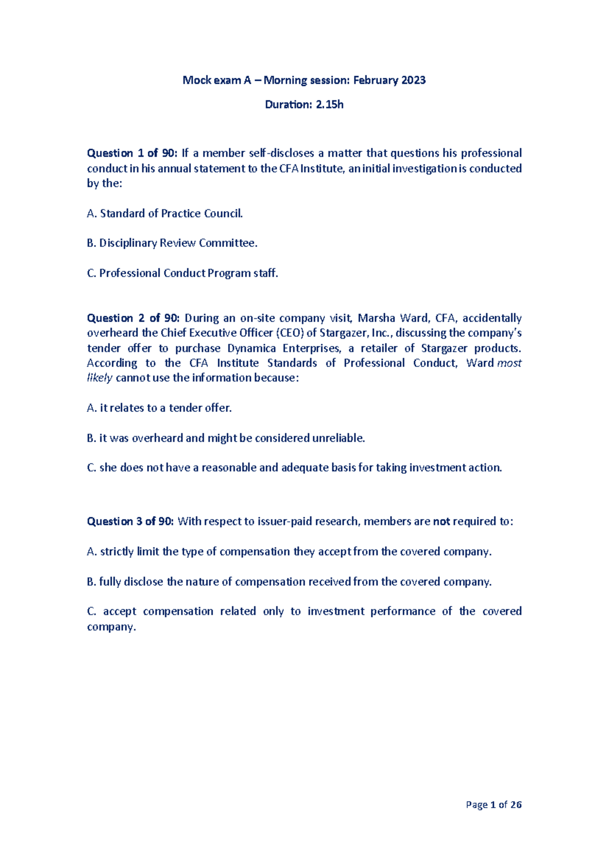 CFA Level I Mock Exam A - Morning Session February 2023 - Studocu