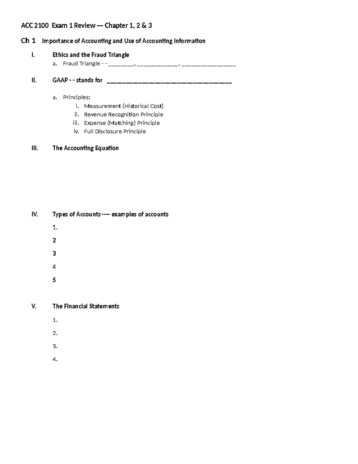 ACC 2100 Exam 1 Review: Chapters 1, 2 & 3 Key Concepts and Adjustments ...