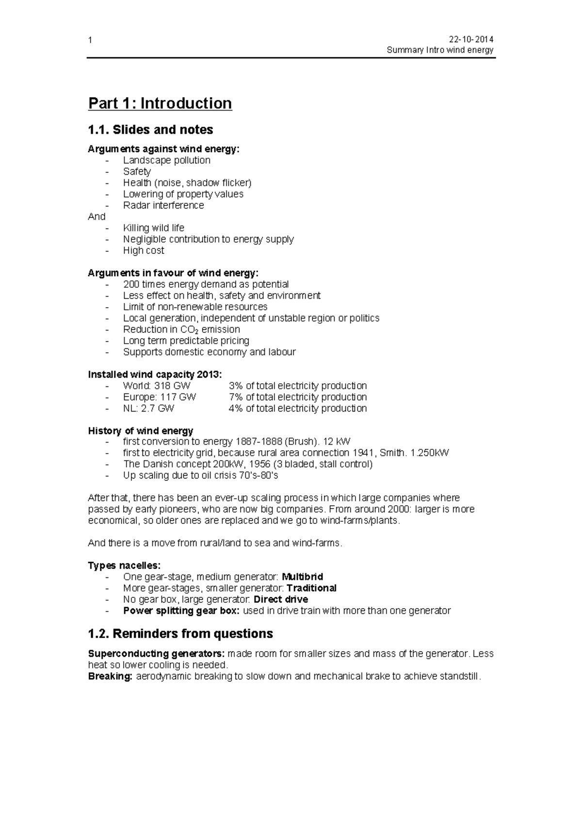 Summary of Wind Energy Concepts - Parts 1 to 4 Overview - Studeersnel