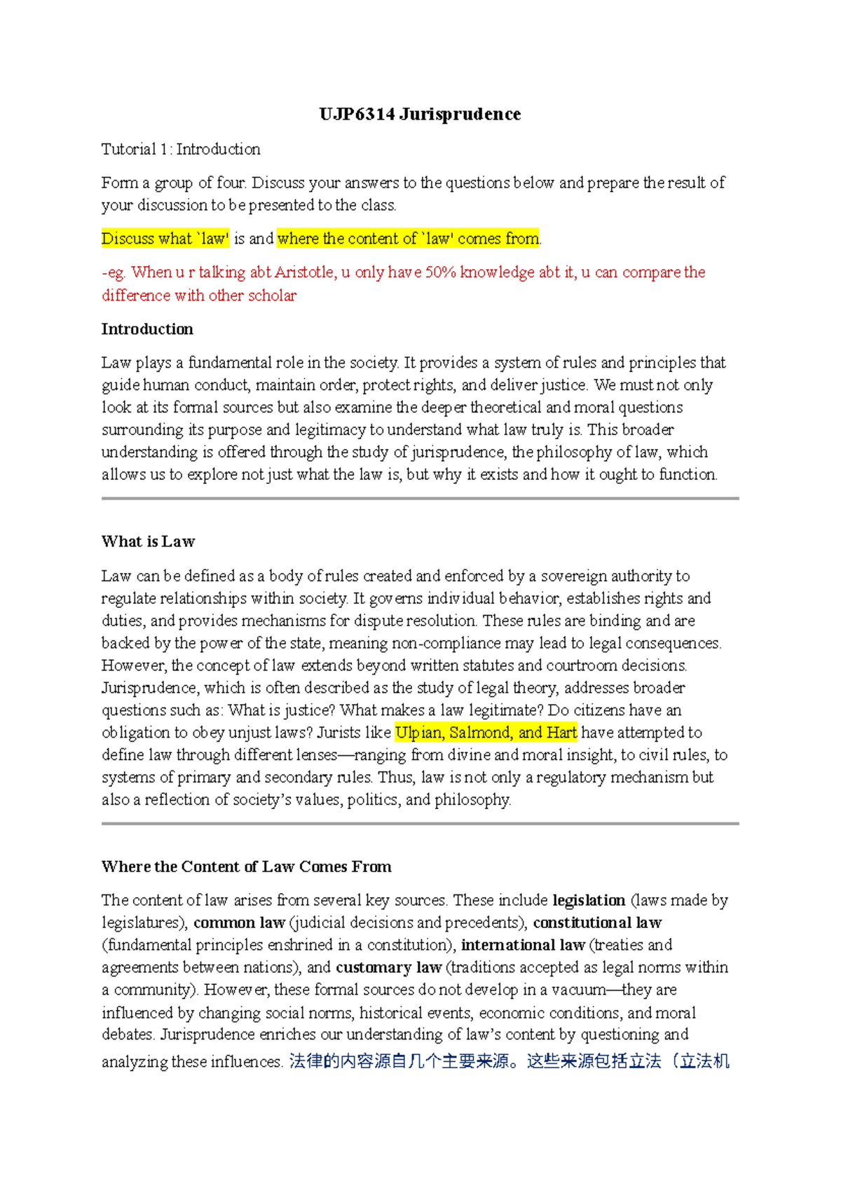 UJP6314 Jurisprudence Tutorial 1: Exploring the Nature of Law and Its ...