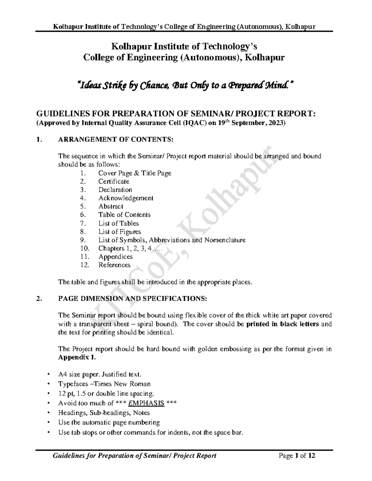 Guidelines FOR Seminar- Project Report - Kolhapur Institute of ...