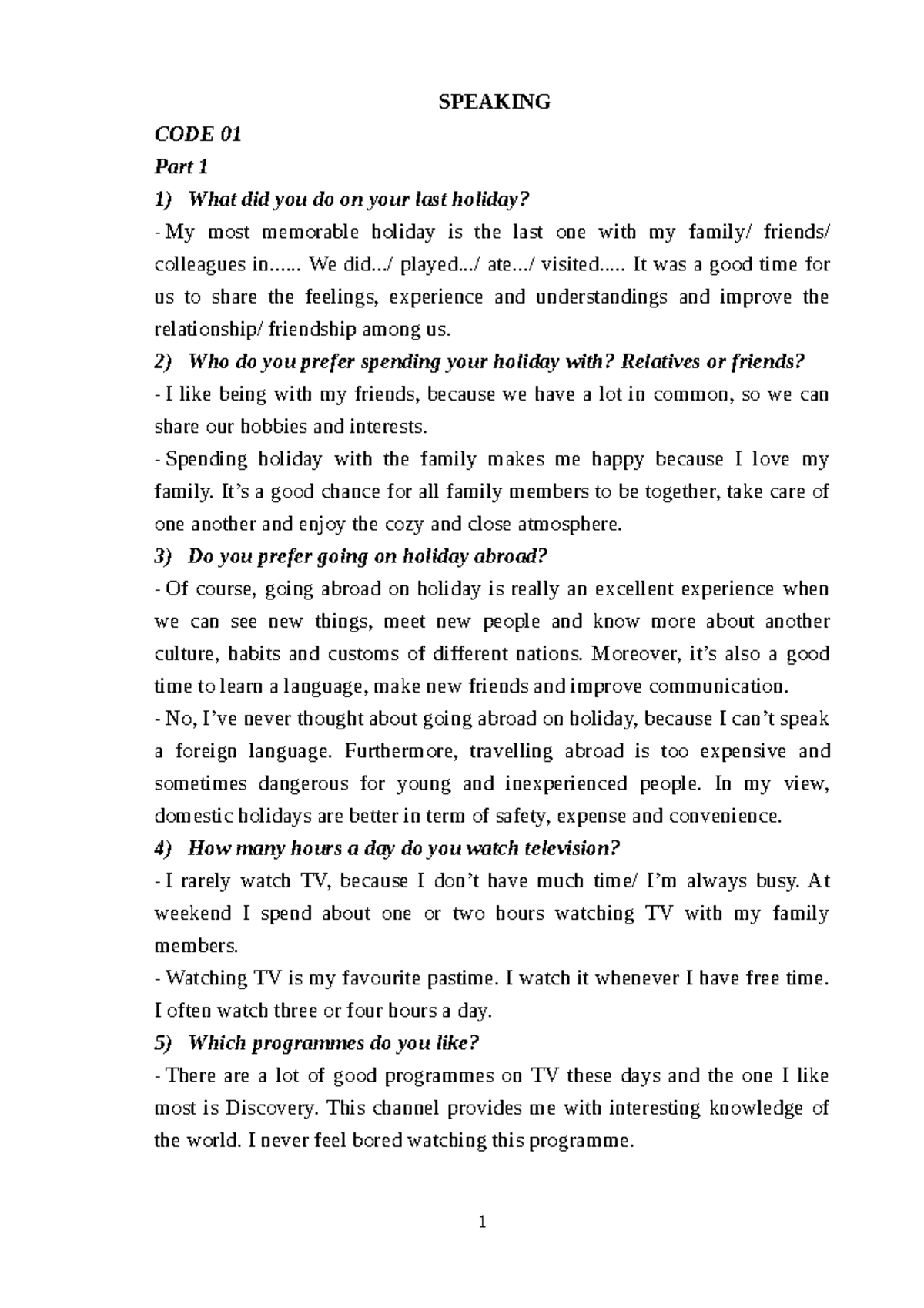 SPEAKING CODE 01-08: VSTEP B2-C1 Exam Preparation Notes - Studocu