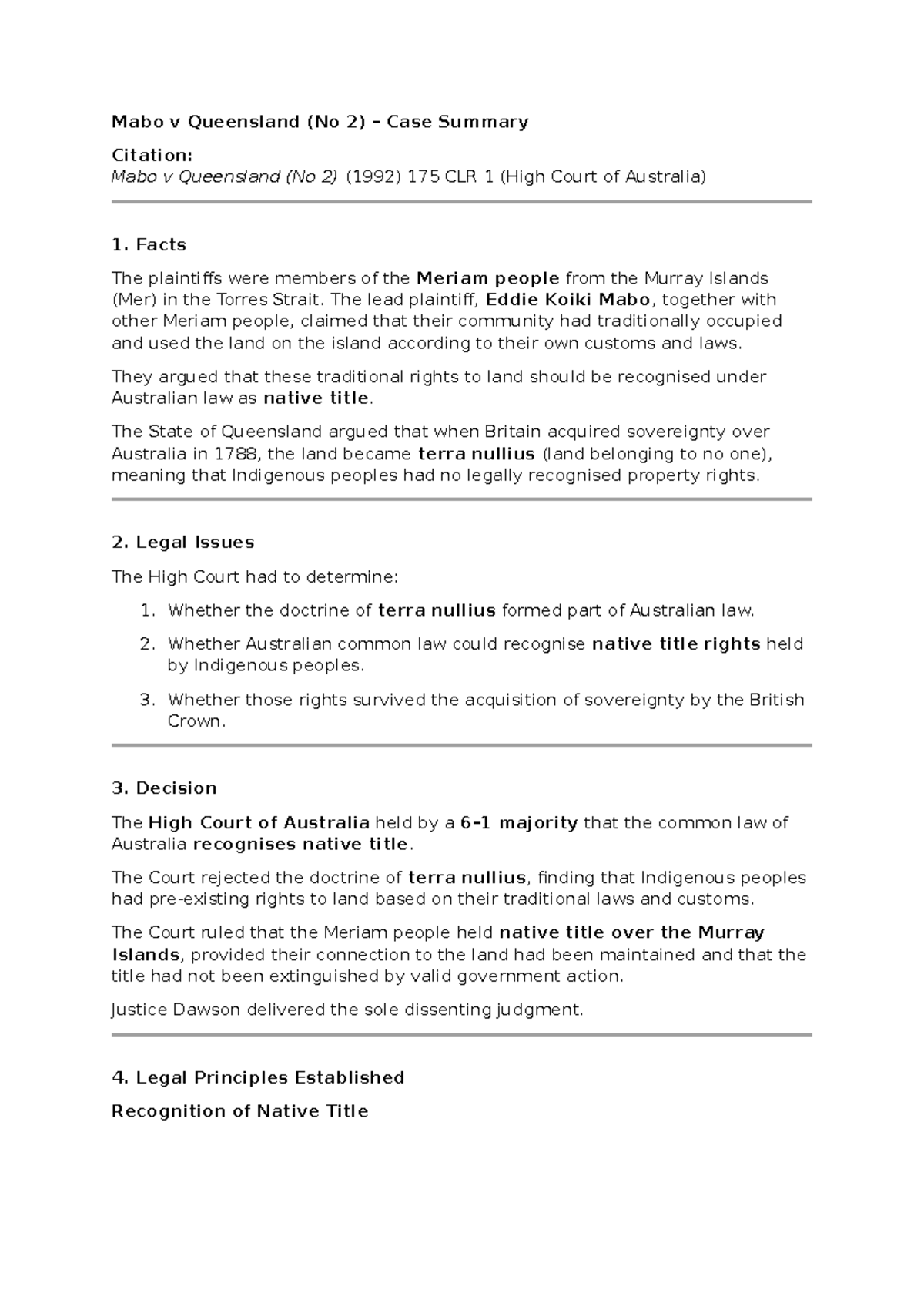 Mabo v Queensland (No 2) Case Summary: Native Title Recognition - Studocu
