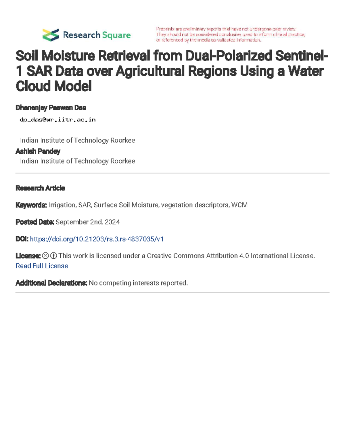 Soil Moisture Retrieval Using Sentinel-1 SAR Data: A WCM Approach - Studocu