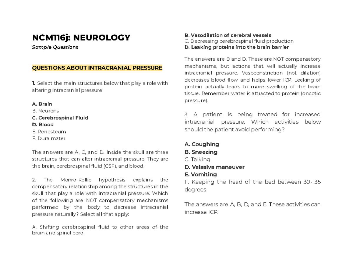 NCM116j: NEUROLOGY Sample Questions on Intracranial Pressure Management ...