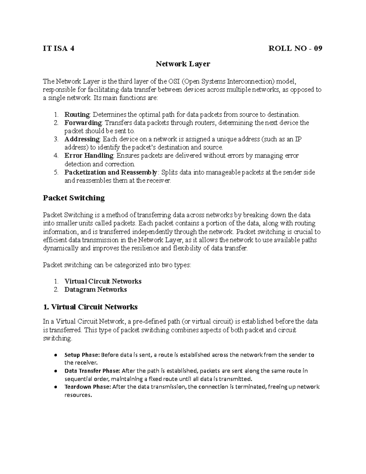 IT ISA 4 ROLL NO 09 - Overview of Network Layer and Packet Switching ...