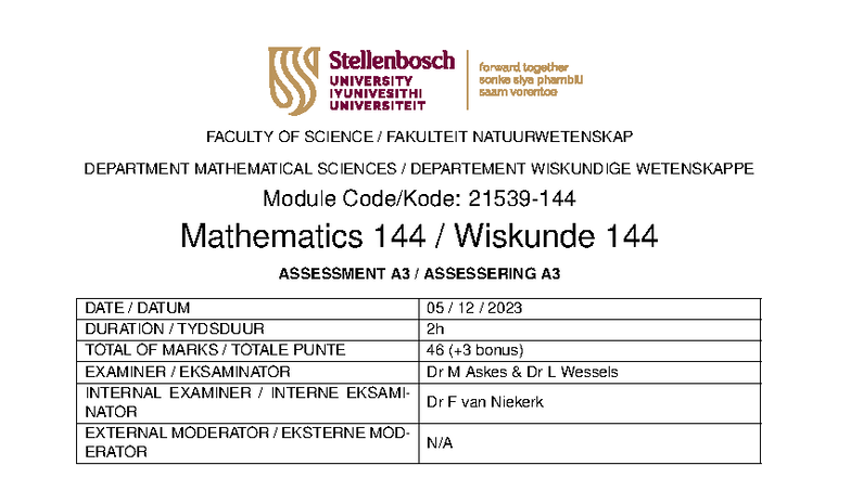 Maths 144 A3 2023 - Assessment Paper with Instructions - Studocu
