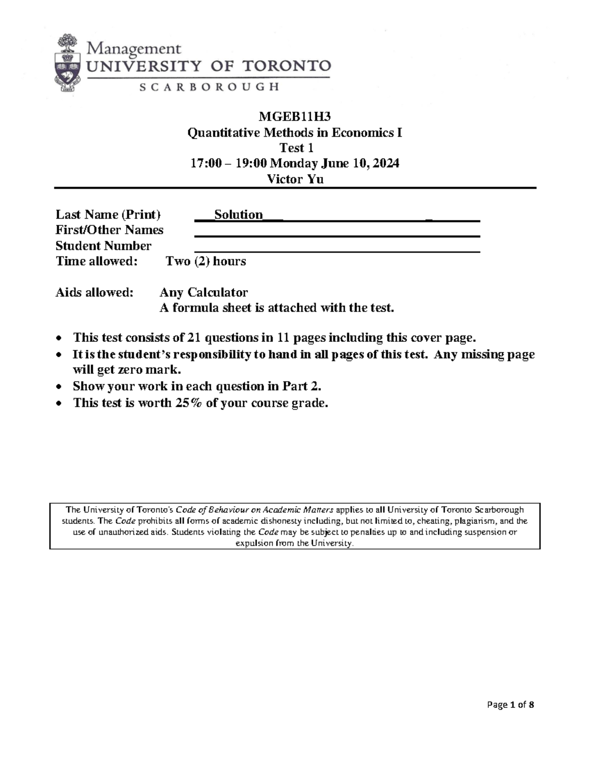 MGEB11H3 Quantitative Methods in Economics I Test 1 - June 10, 2024 ...