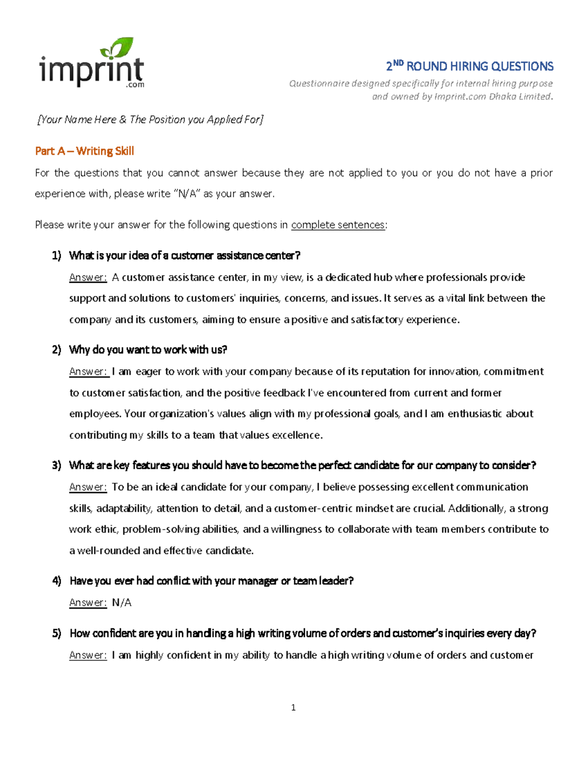2ND Round Interview Questions for Internal Hiring at Imprint.com - Studocu