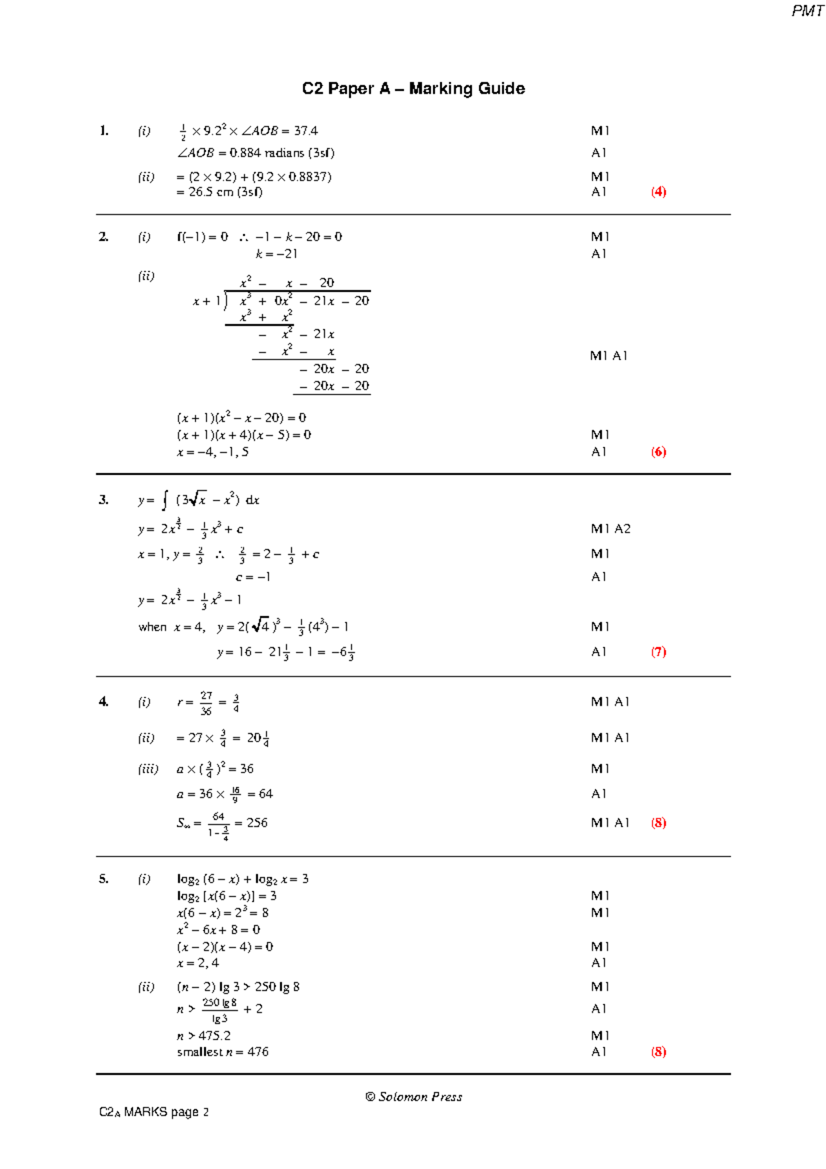 PMT C2 Paper A - Marking Guide and Solutions - Studocu
