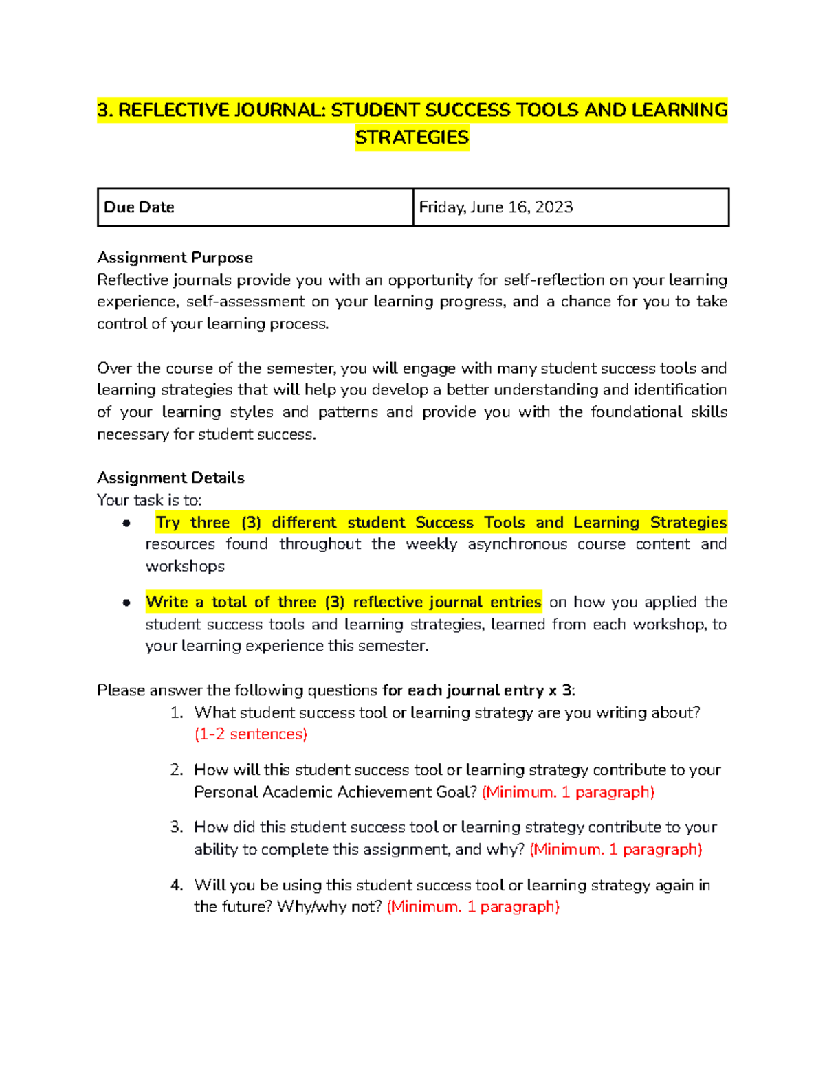 3. Reflective Journal Student Success Tools and Learning Strategies ...