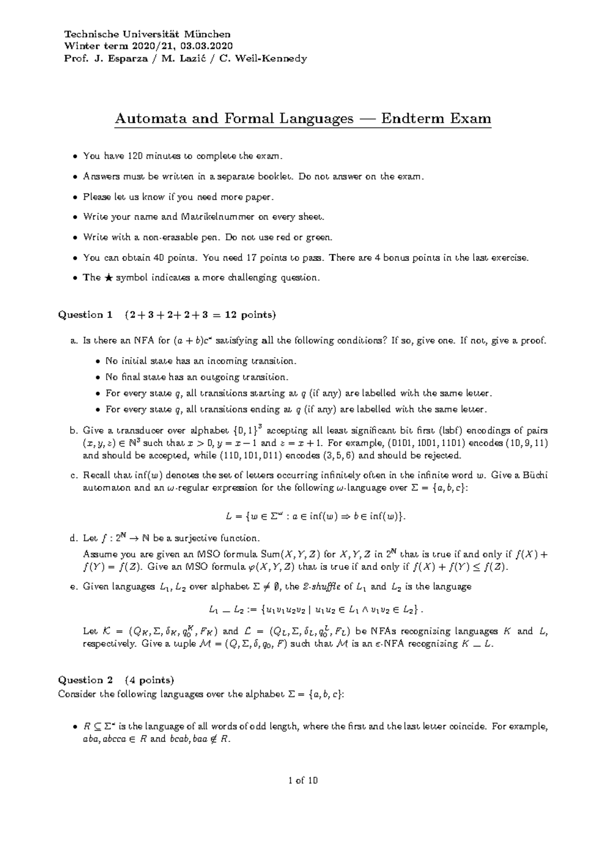 Automata and Formal Languages (AFS 2020) Endterm Exam Solutions - Studocu