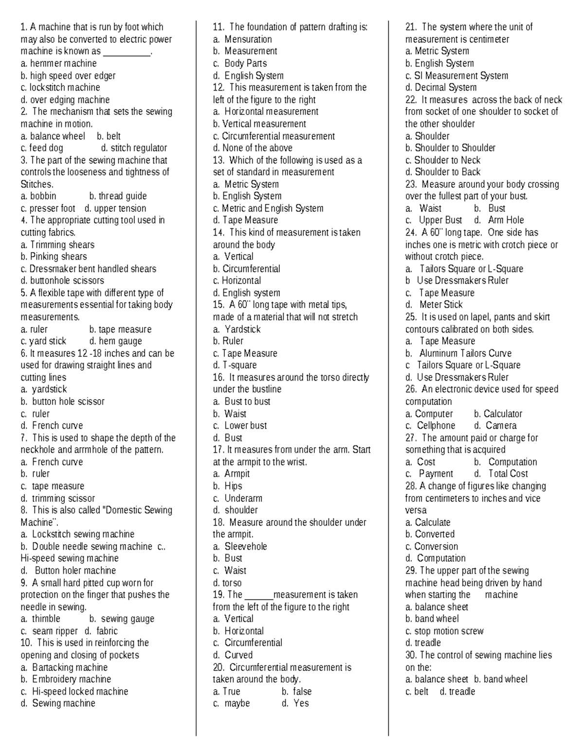 Sewing Machine Basics and Measurements Quiz G8 2nd Sem 2019-20 - Studocu