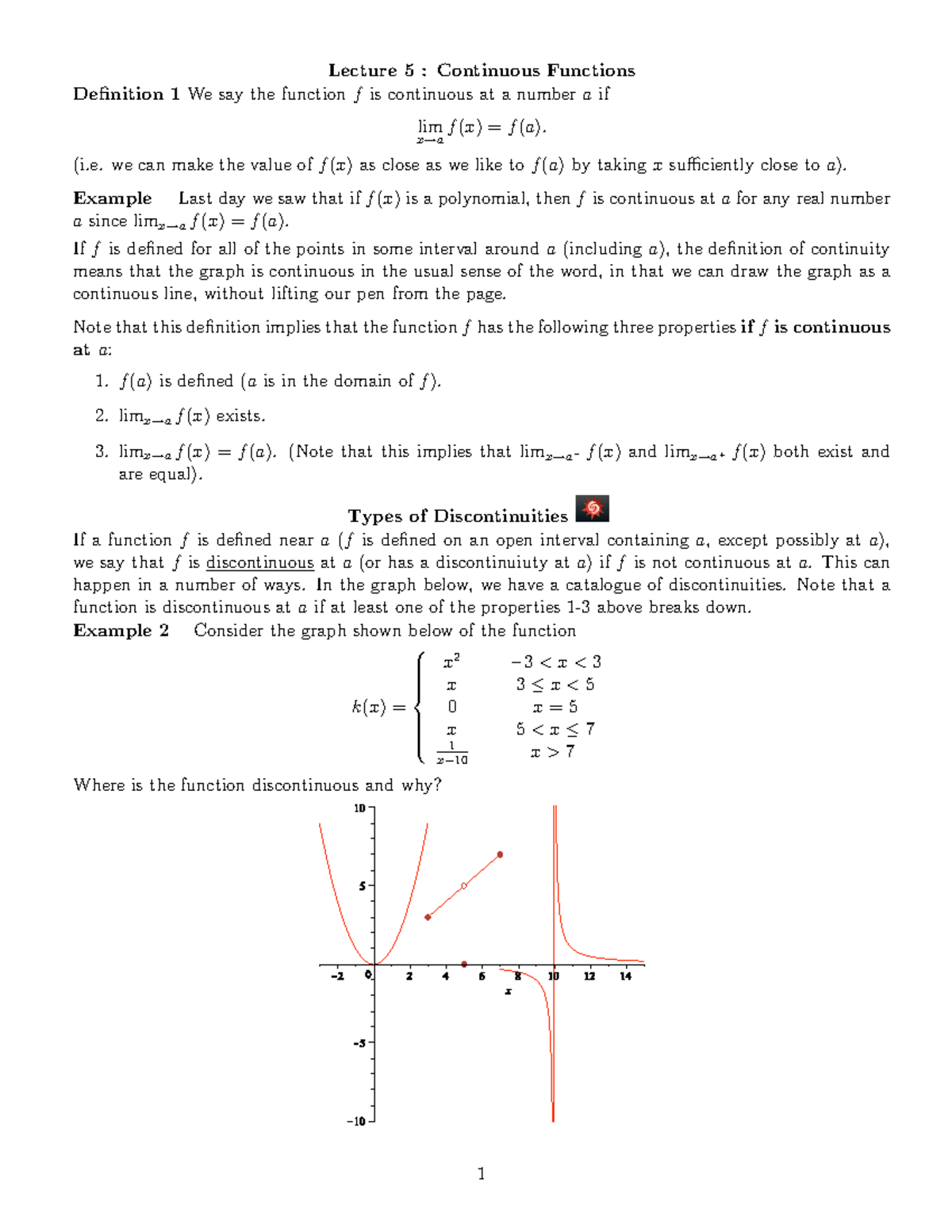 Lecture 5 Continuous Functions - Lecture 5 : Continuous Functions ...