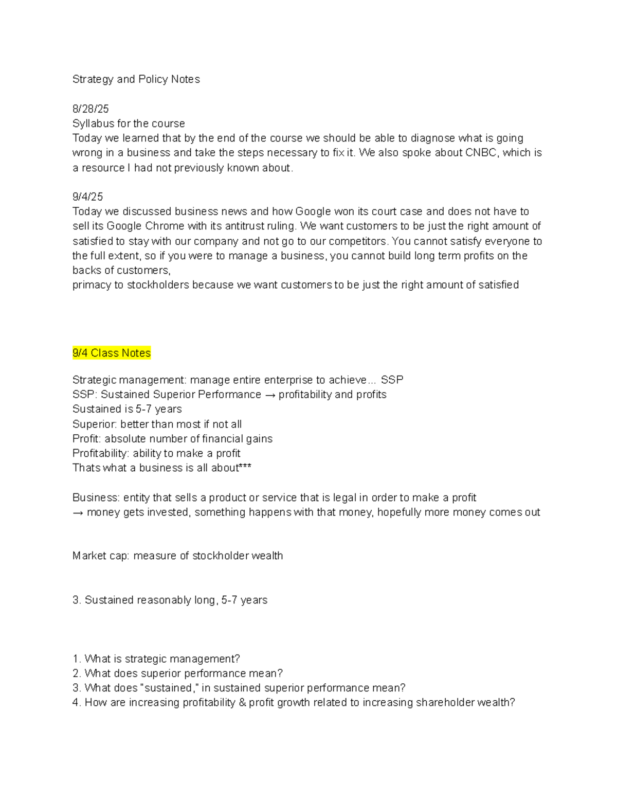 Strategic Management & SSP: Class Notes for Course SSP 101 - Studocu