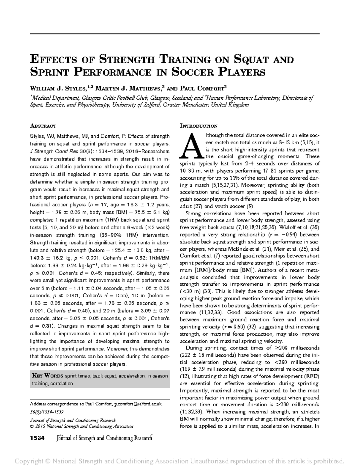 Effects of Strength Training on Squat & Sprint Performance in Soccer ...