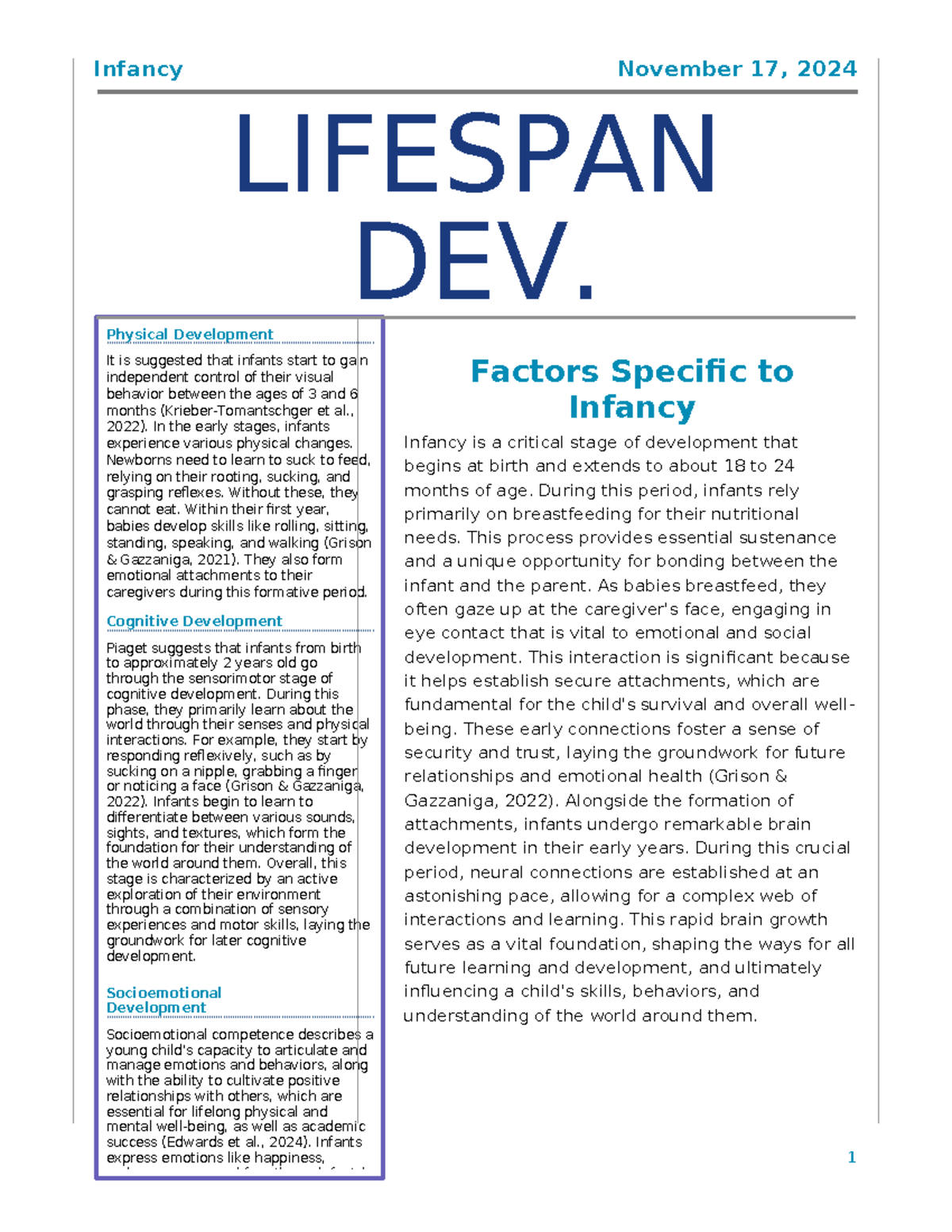 Infancy Development Insights: Assignment for General Psychology PSY-102 ...