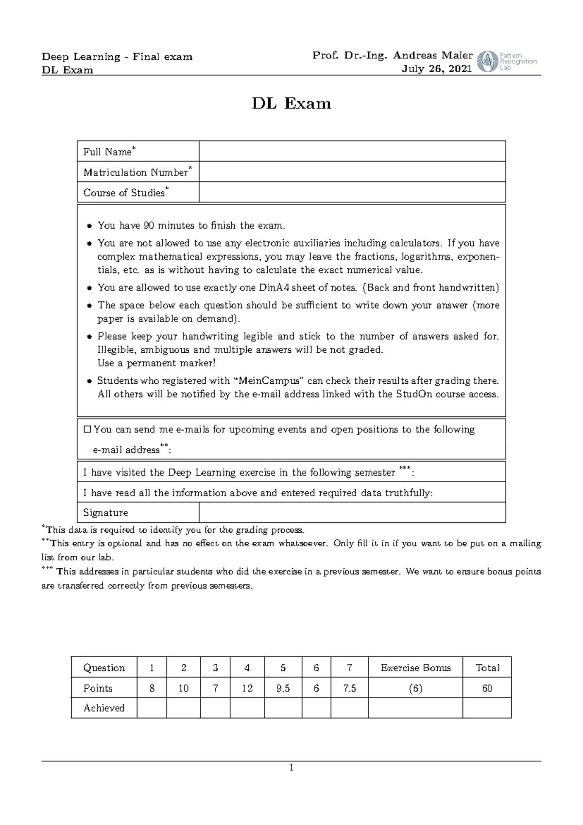 Pattern Recognition Lab (PRL) Deep Learning Mock Exam Answers - Studocu