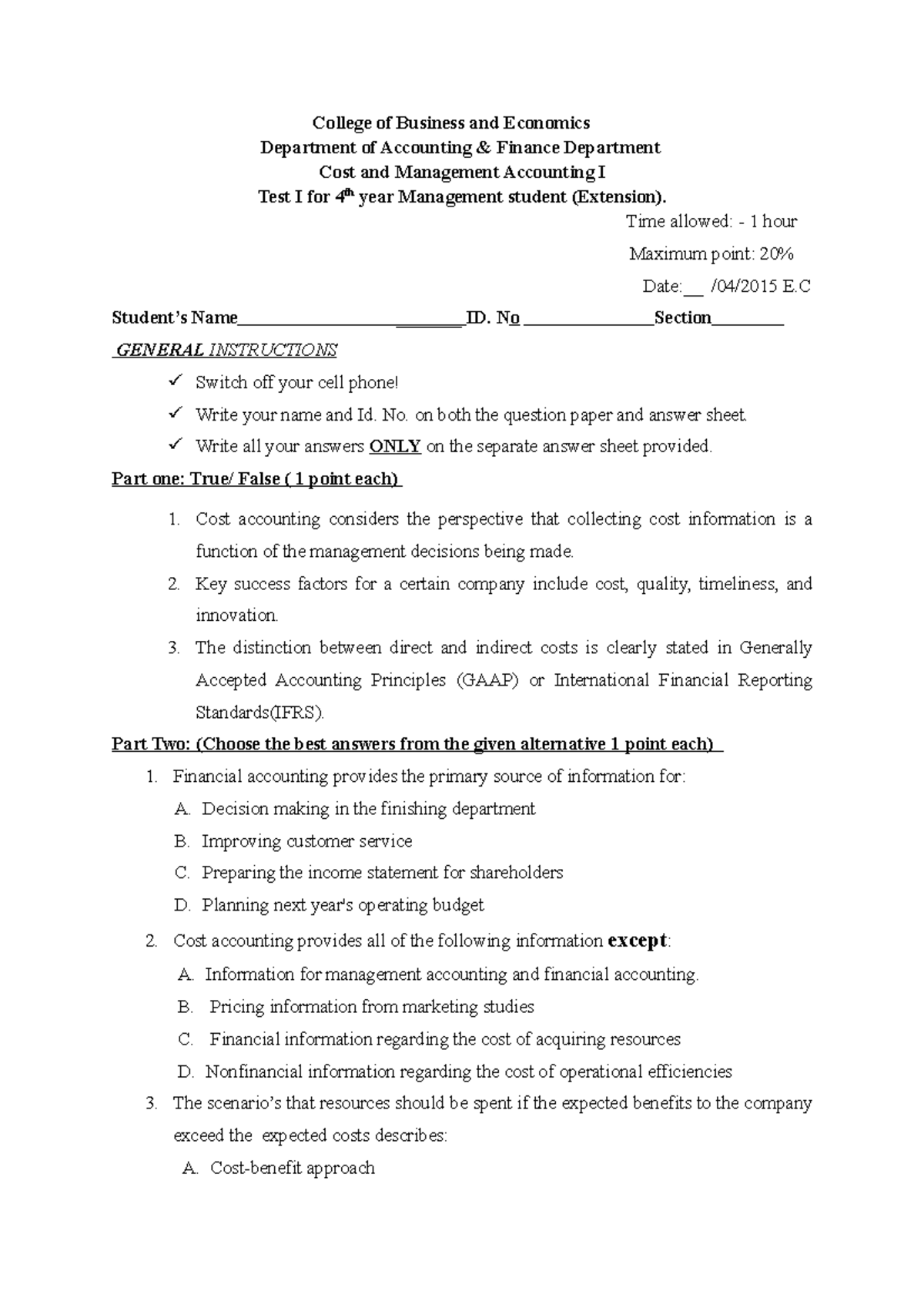 FA test one - College of Business and Economics Department of ...
