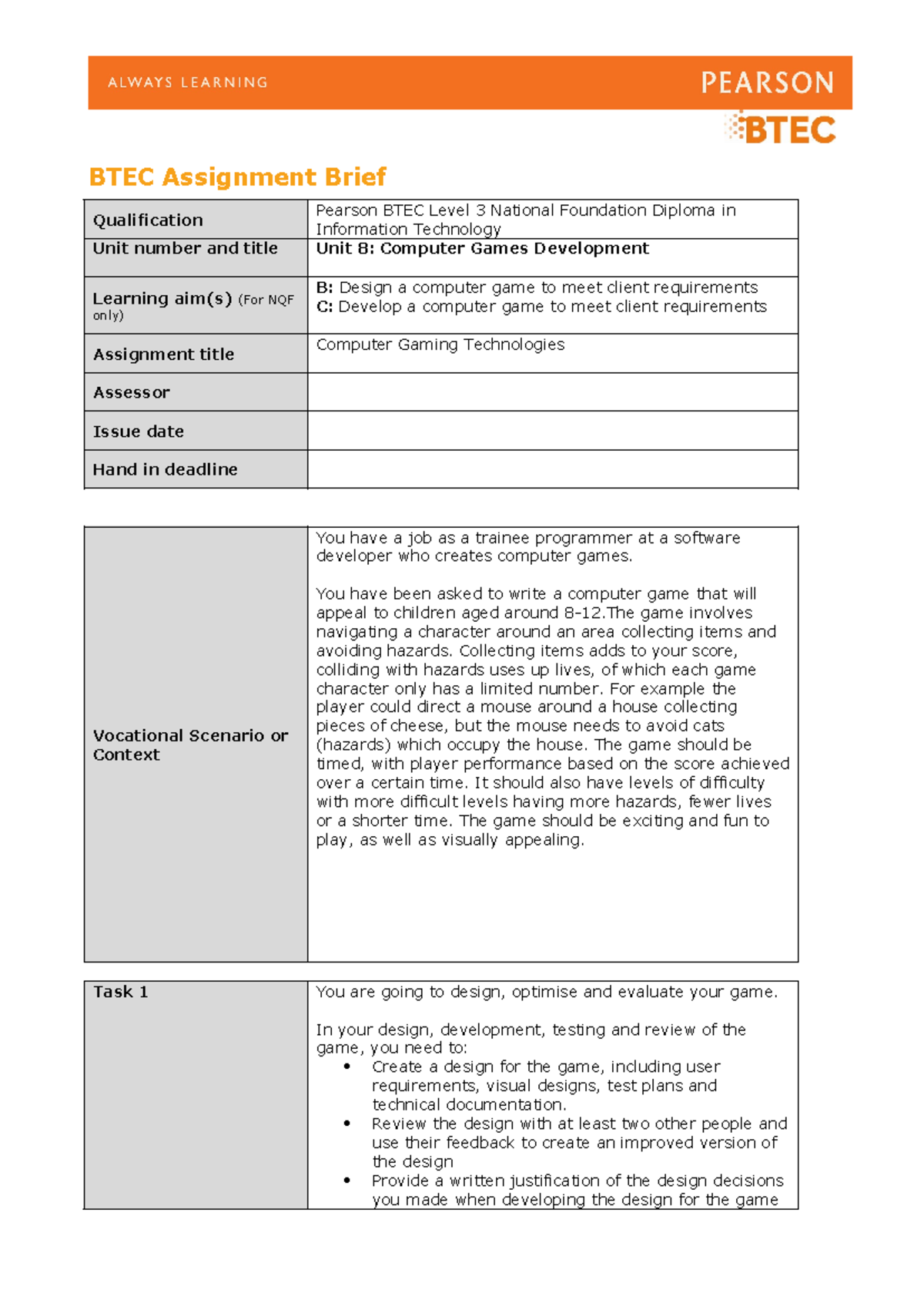 Unit 8 - Assignment Brief: Computer Game Design & Development (B, C ...