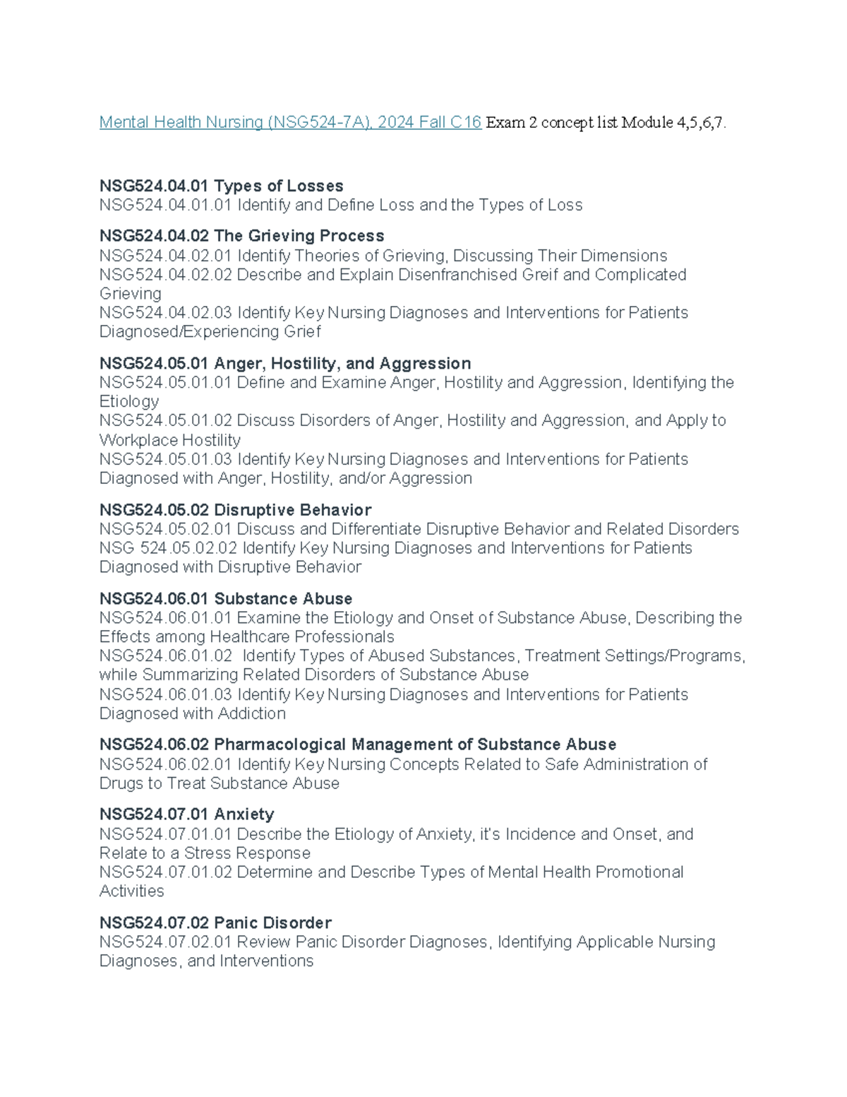Mental Health Nursing (NSG524-7A) 2024 Fall C16 Exam 2 Concept List ...