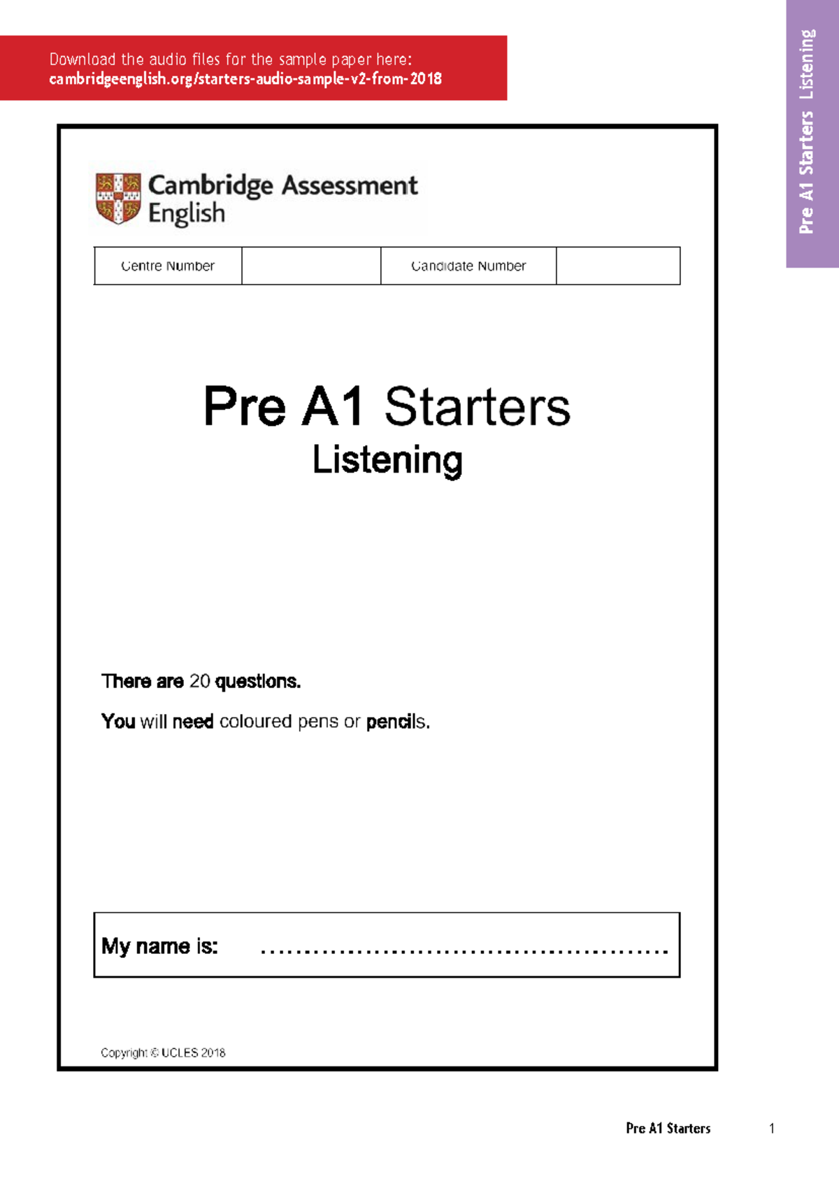 Pre A1 Starters Listening and Reading/Writing Sample Paper - Studocu