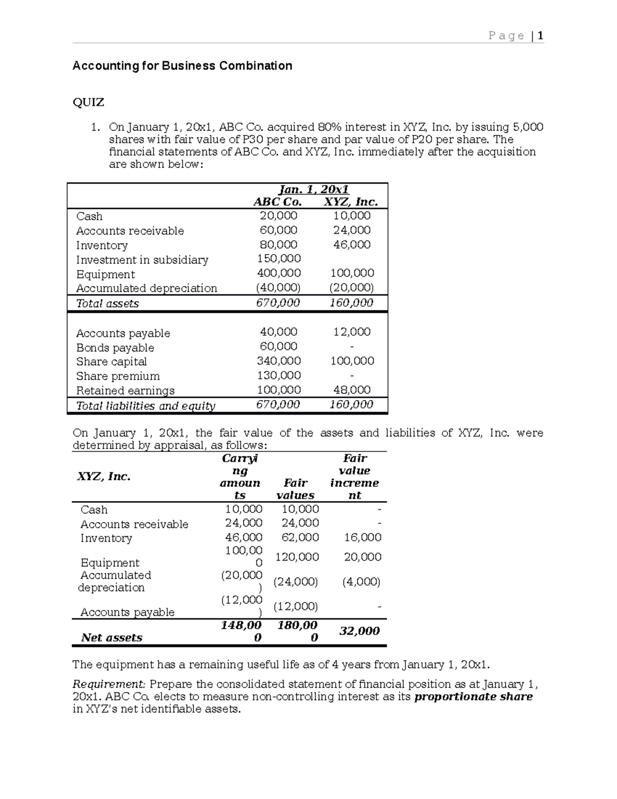Practice Problems in Business Combinations (ACCT 101) - Quiz 1 - Studocu