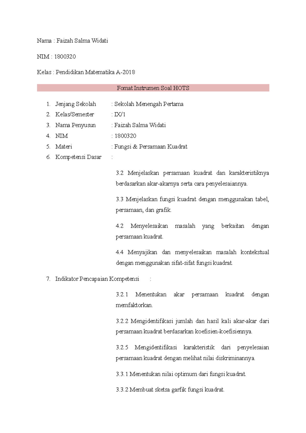 1800320 HOTS Question Instrument for Quadratic Functions in Math A ...