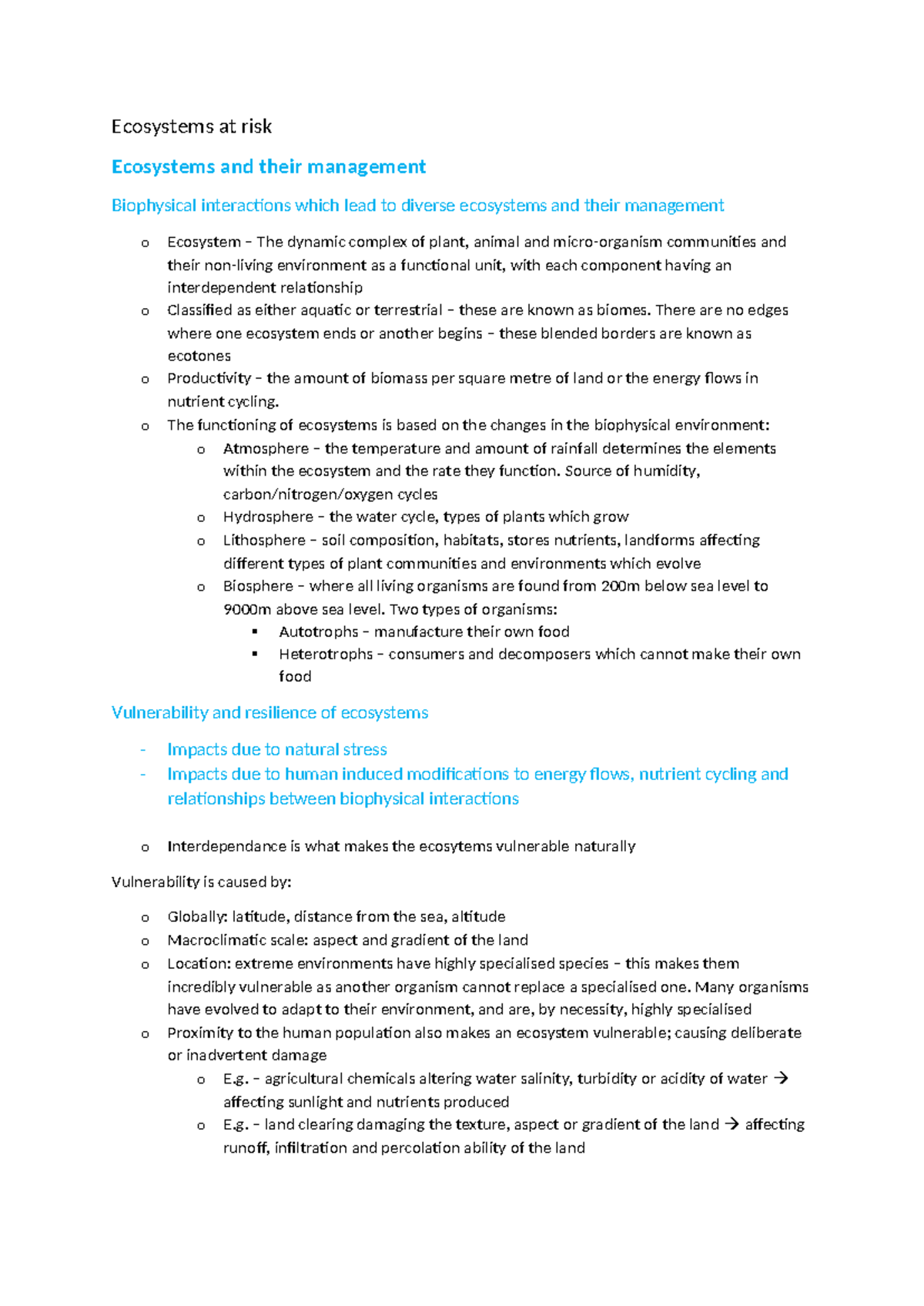 Ecosystems at Risk: Management and Biophysical Interactions Notes - Studocu