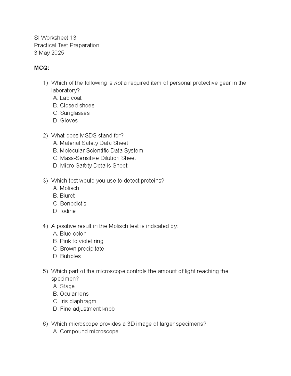 SI Worksheet 13 - Practical Test Prep & MCQs for Biology Exam - Studocu