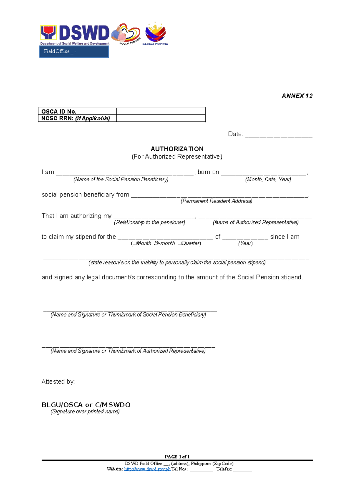 Field Office DSWD Annex 12 Authorization Letter for Social Pension - Document Preview
