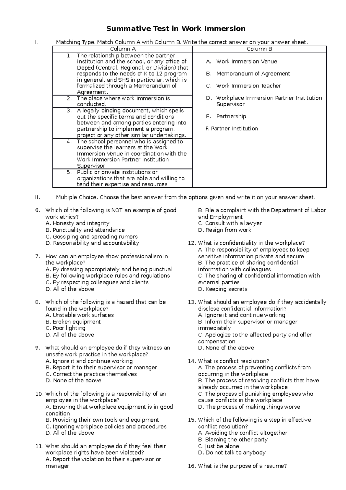 Work Immersion Summative Test 1: Matching and MCQ Review - Studocu