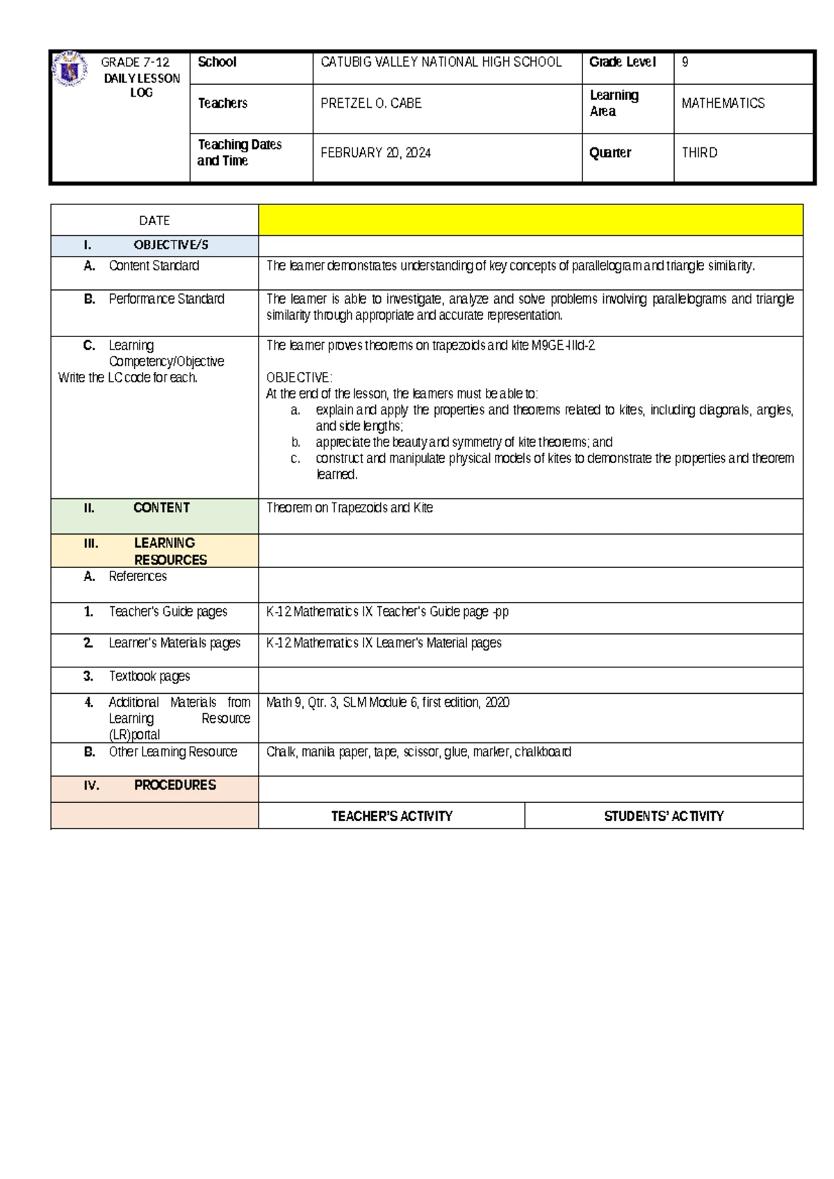 Detailed Lesson Plan: Permutation in Grade 10 Math (February 2024 ...