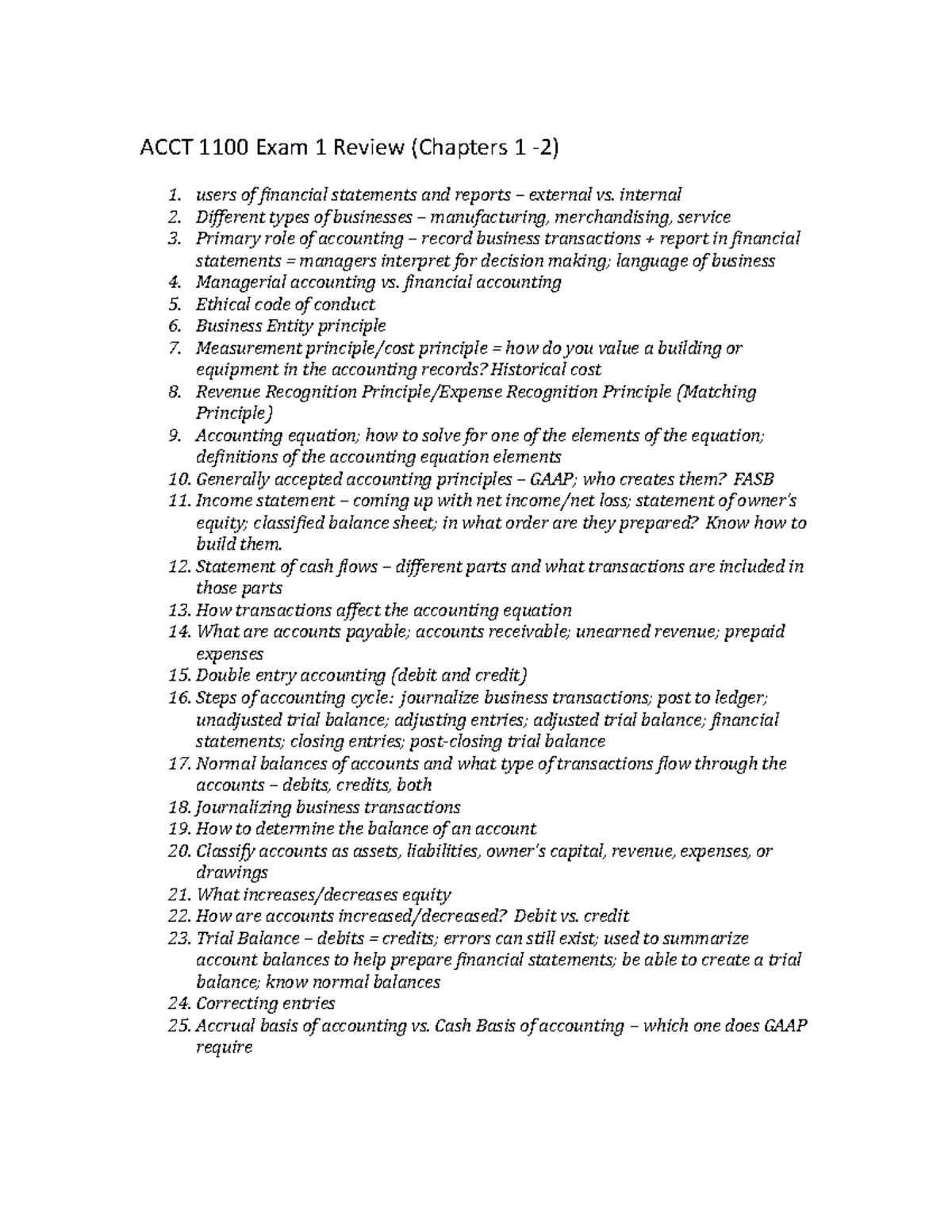 ACCT 1100 Exam 1 Comprehensive Review (Chapters 1-2) - Studocu
