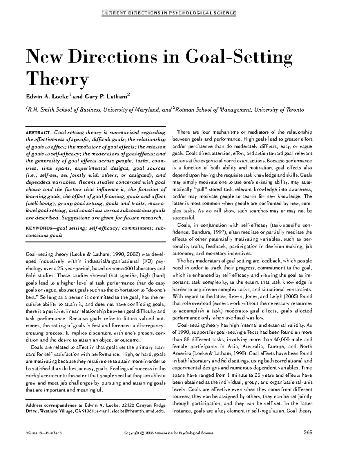 CU PSY 101 New Directions in Goal-Setting Theory: Insights by Locke ...