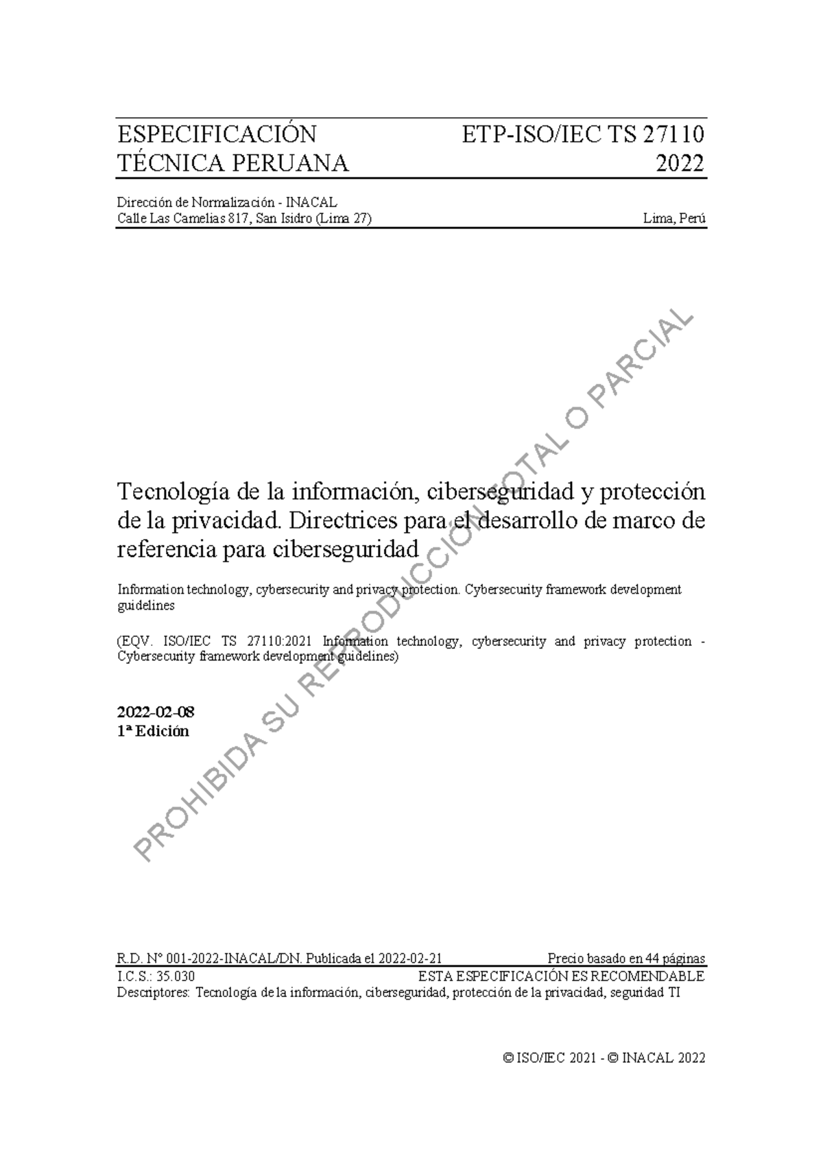 NTP ISO IEC TS 27110:2022 Directrices para Ciberseguridad y Privacidad - Document Preview