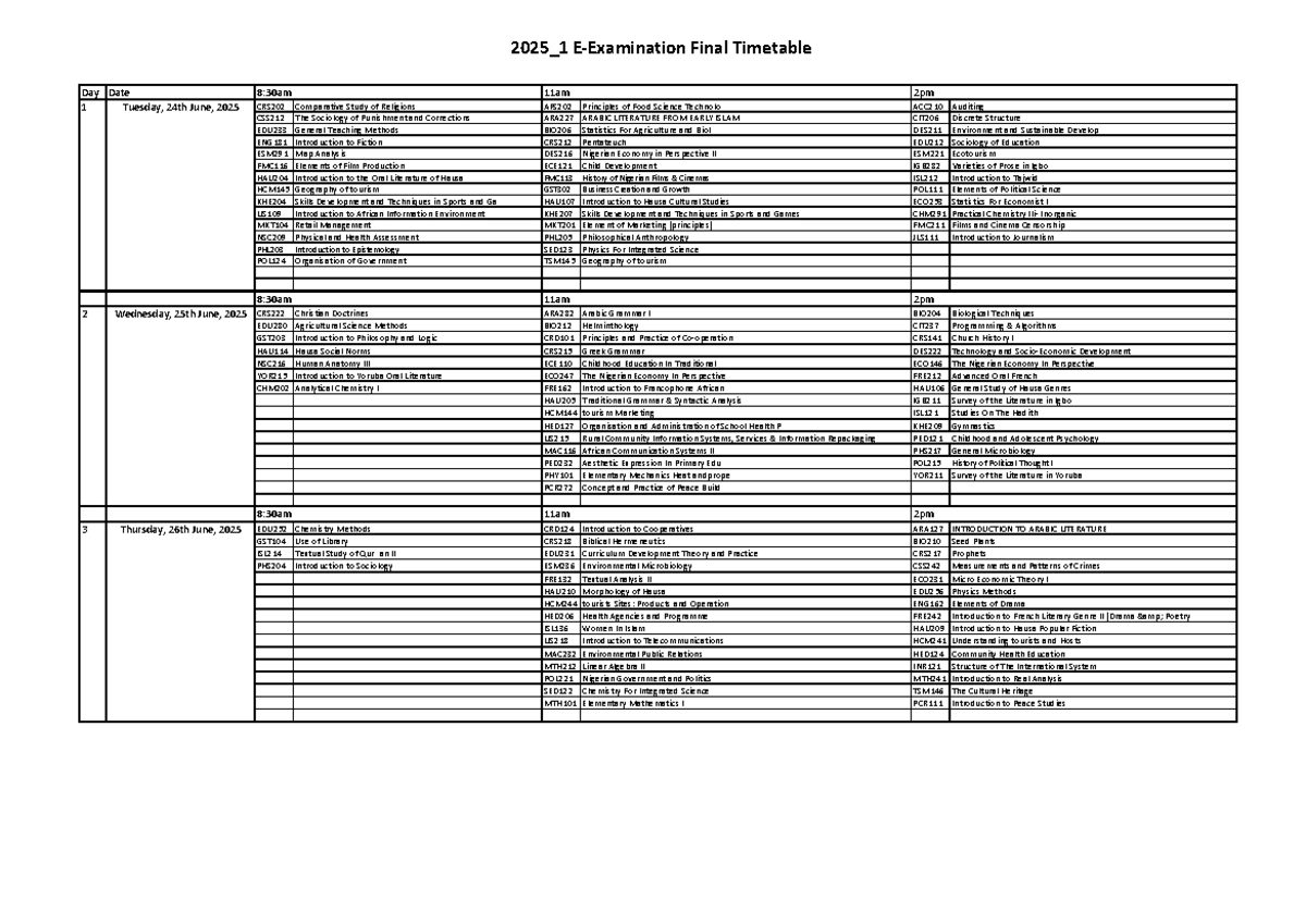 2025_1 Final Exam Timetable for All Courses - Studocu