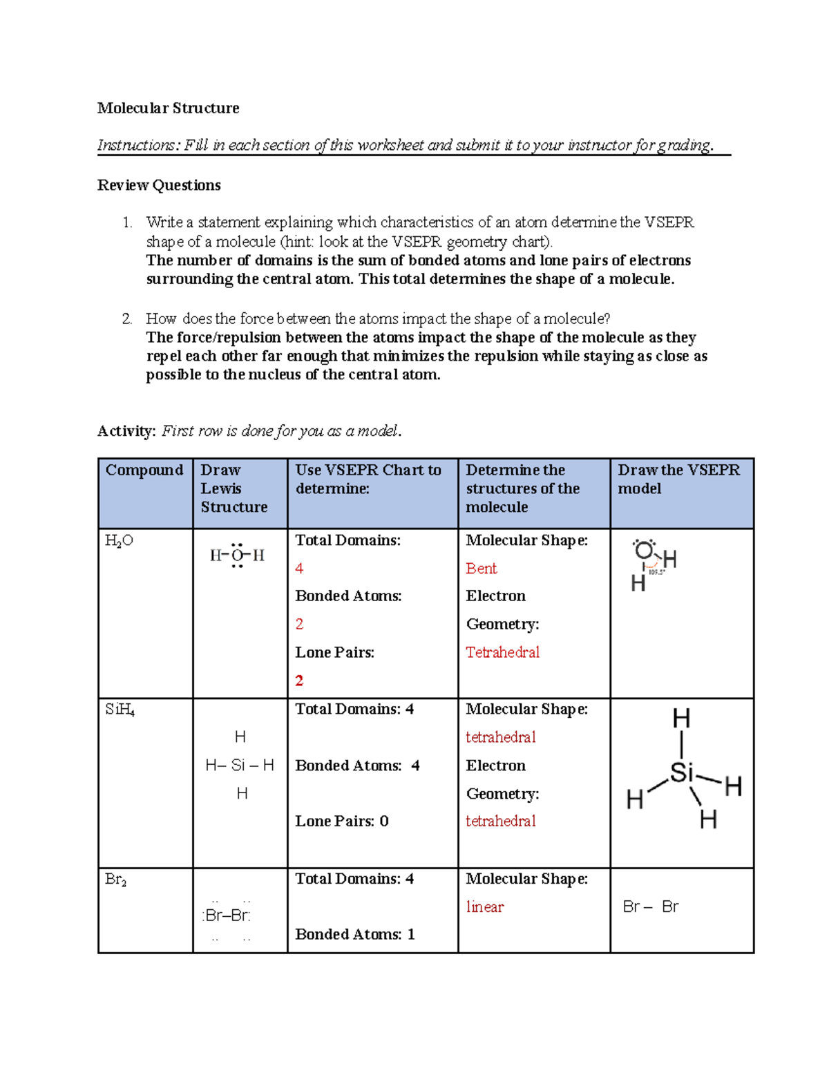 Molecular Structure Worksheet: VSEPR Shapes & Lewis Structures - Studocu