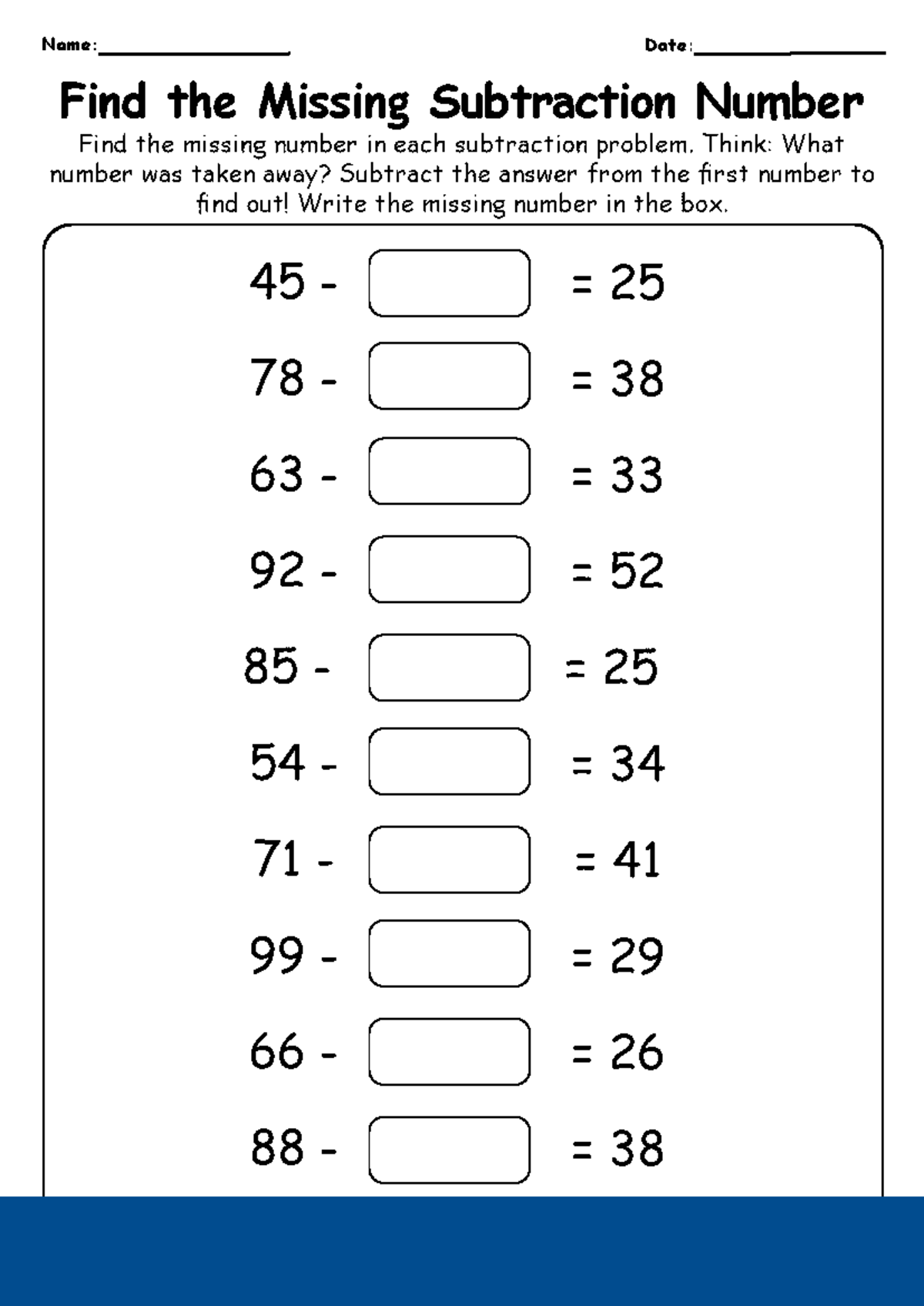 Find the Missing Number in a Subtraction - 1st Grade Worksheet - Name ...