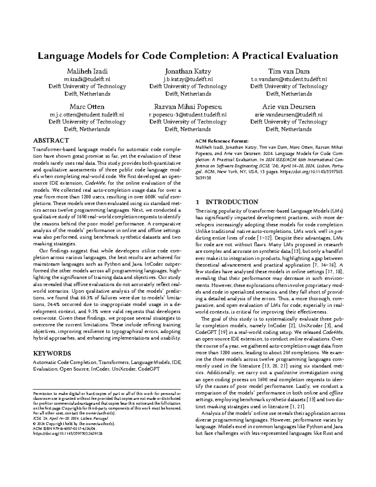 ICSE 2024: Evaluation of Language Models for Code Completion - Studocu