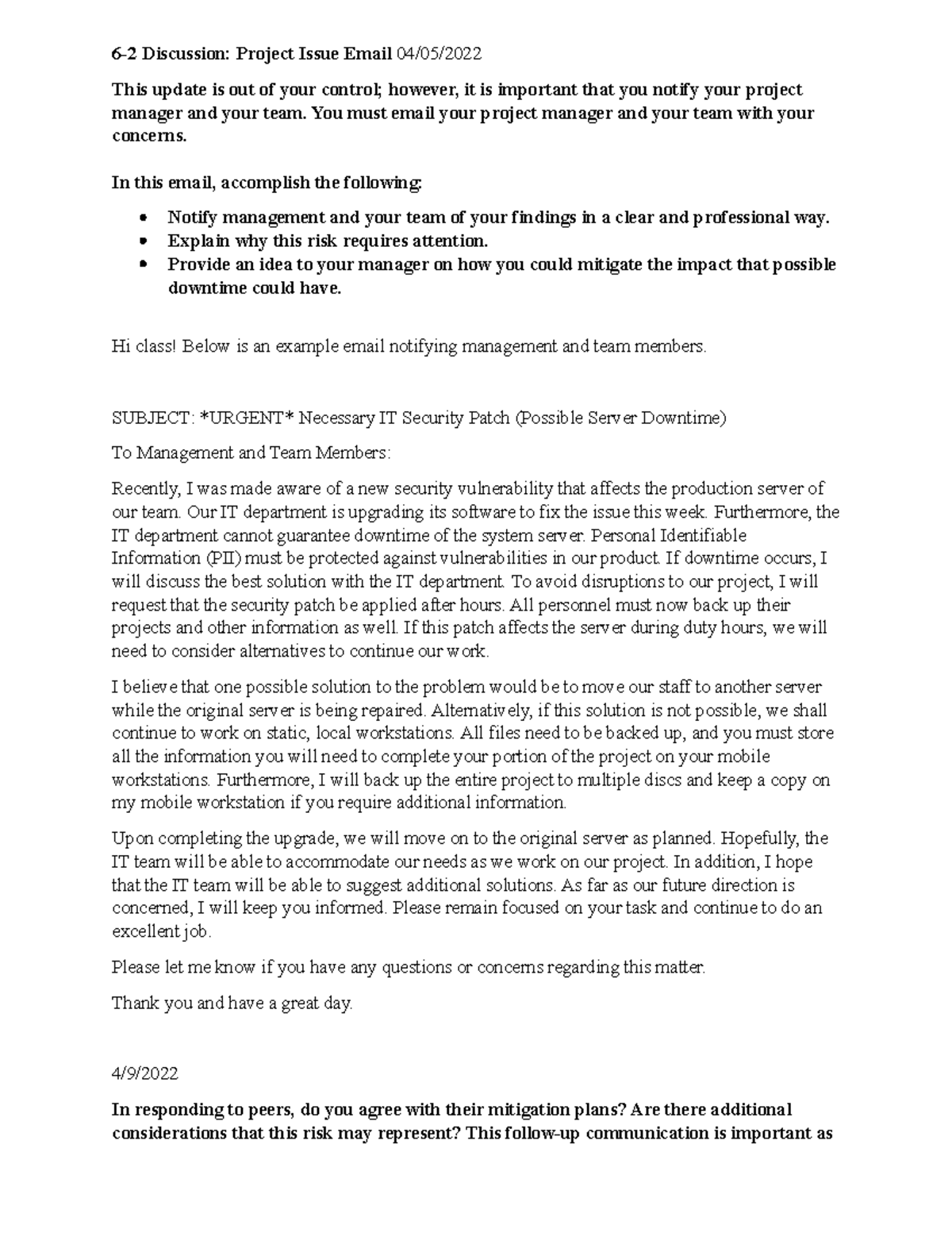 6-2 Discussion - You must email your project manager and your team with ...