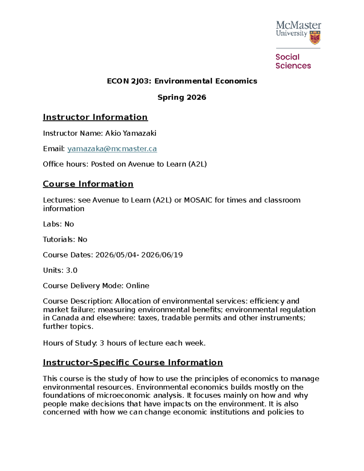 ECON 2J03: Environmental Economics Course Outline Spring 2026 - Studocu