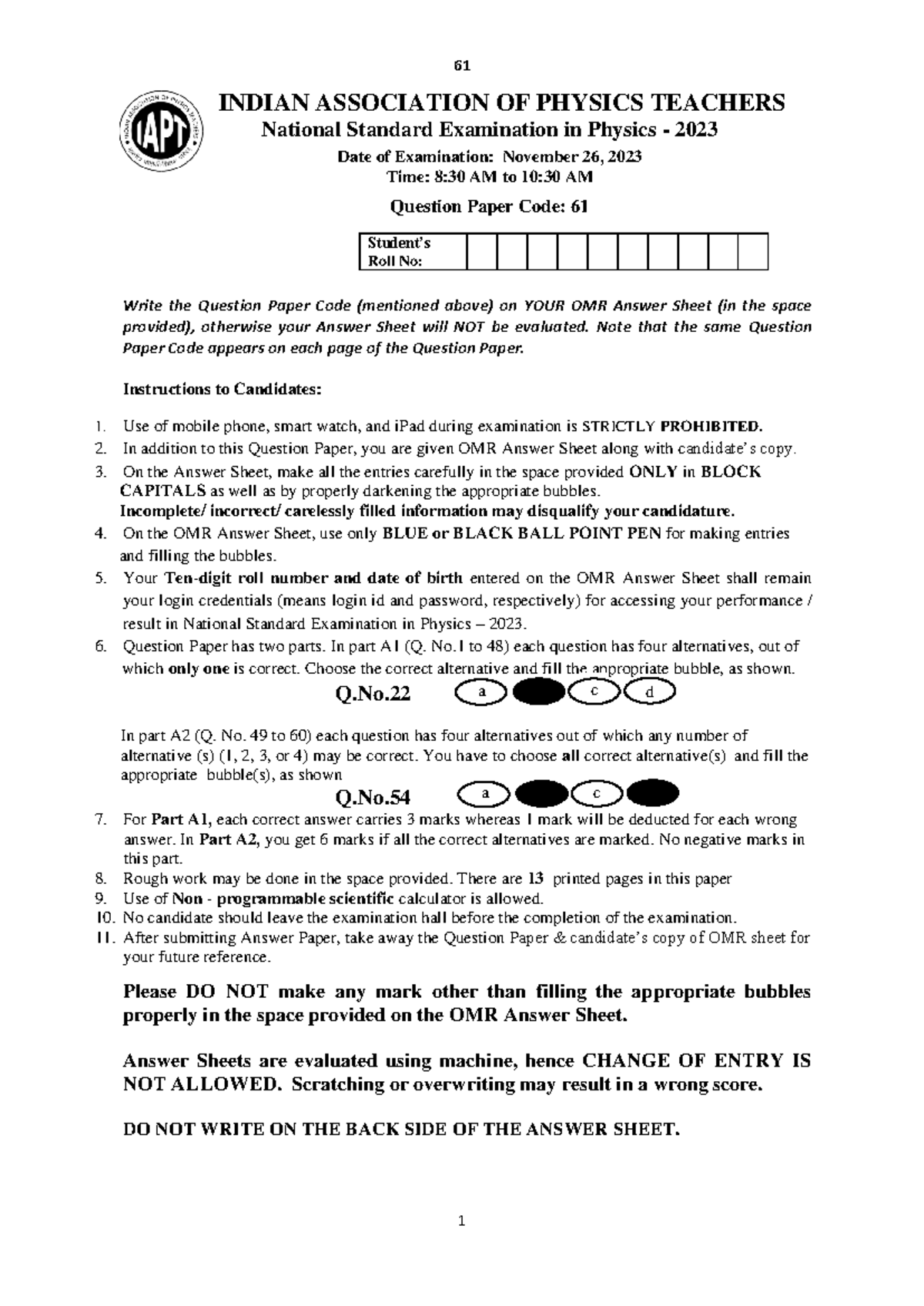 NSEP 2023 Set 61 - National Standard Examination in Physics ...