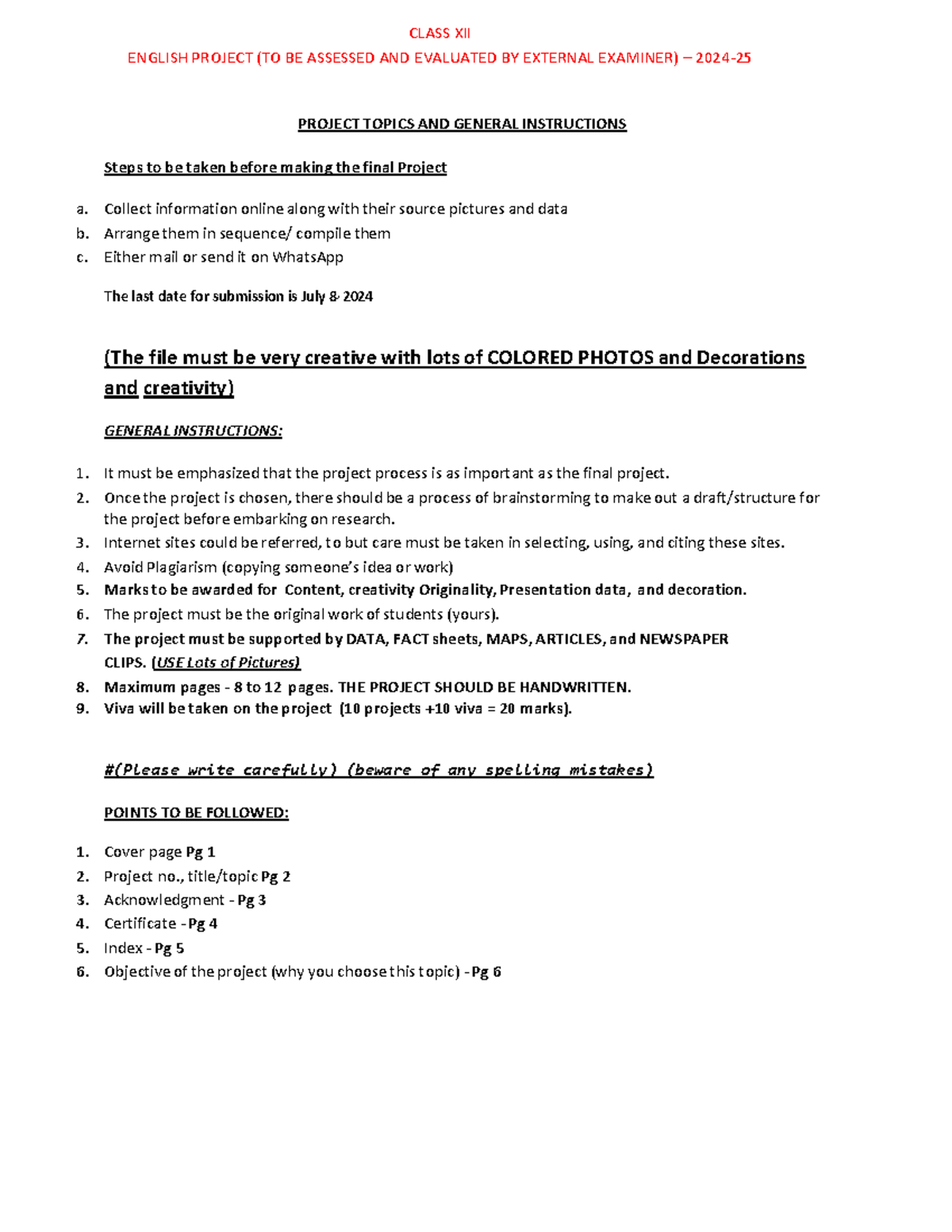 Class XII English Project - Guidelines & Topics for Assessment - Studocu