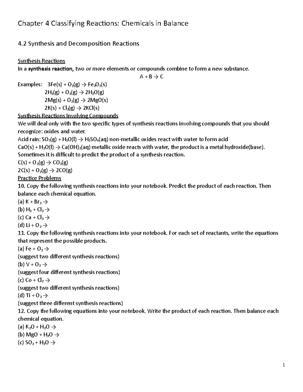 SCH3U Ch4 - chapter notes - Chapter 4 Classifying Reacions: Chemicals ...