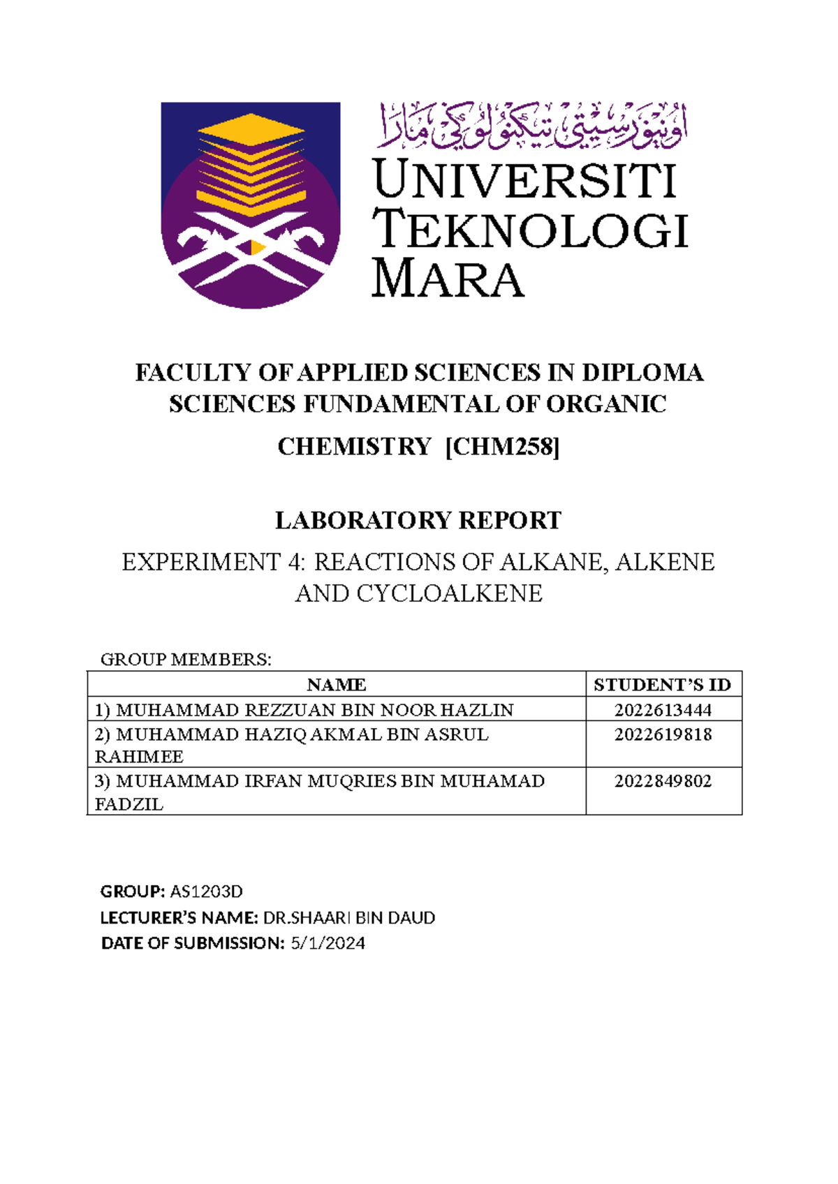 Lab Report CHM258: Experiment 4 - Hydrocarbon Reactions Analysis - Studocu