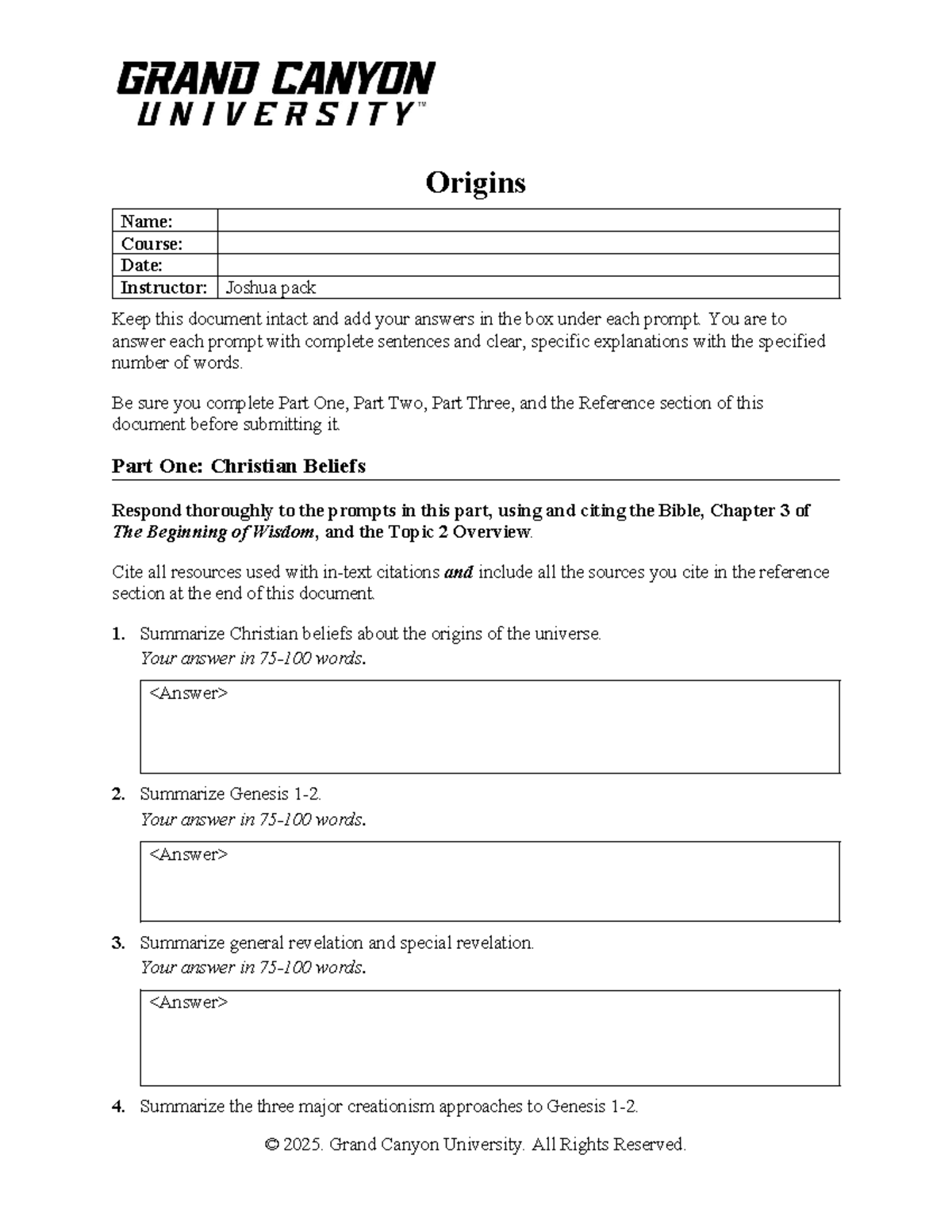 CWV 101 301 RS T2: Exploring Christian Beliefs on Origins - Studocu