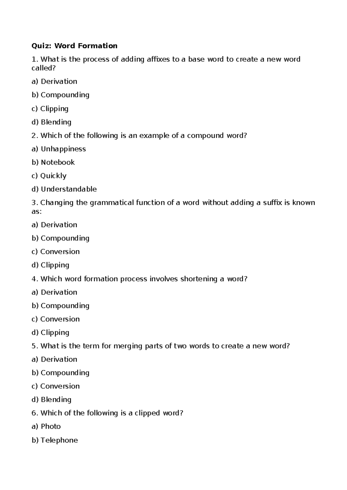 Quiz: Word Formation - Lecture Notes in Morphology - Studocu